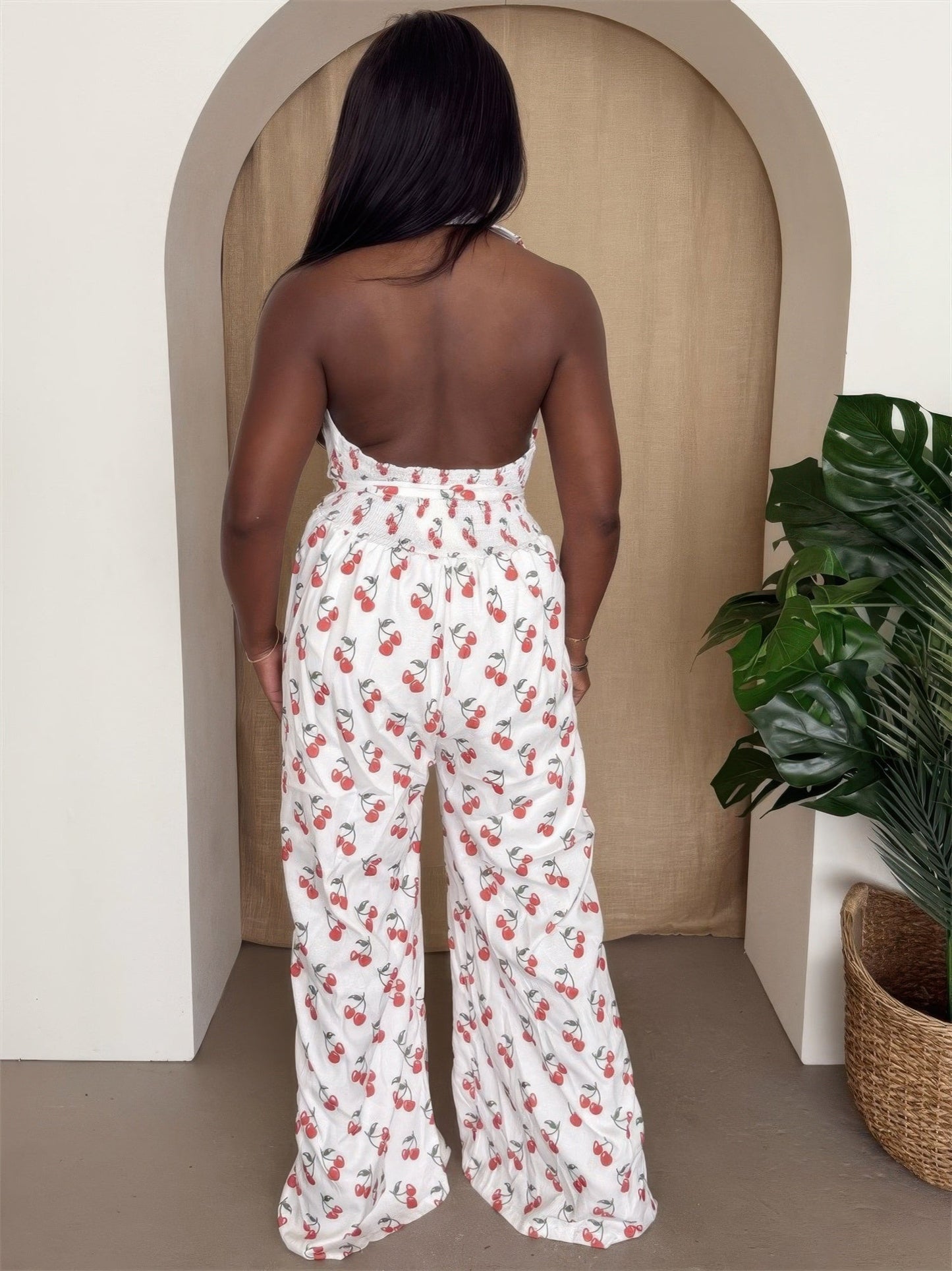 Cherry Print Halter Wide - leg Jumpsuit - AV Fashion’s