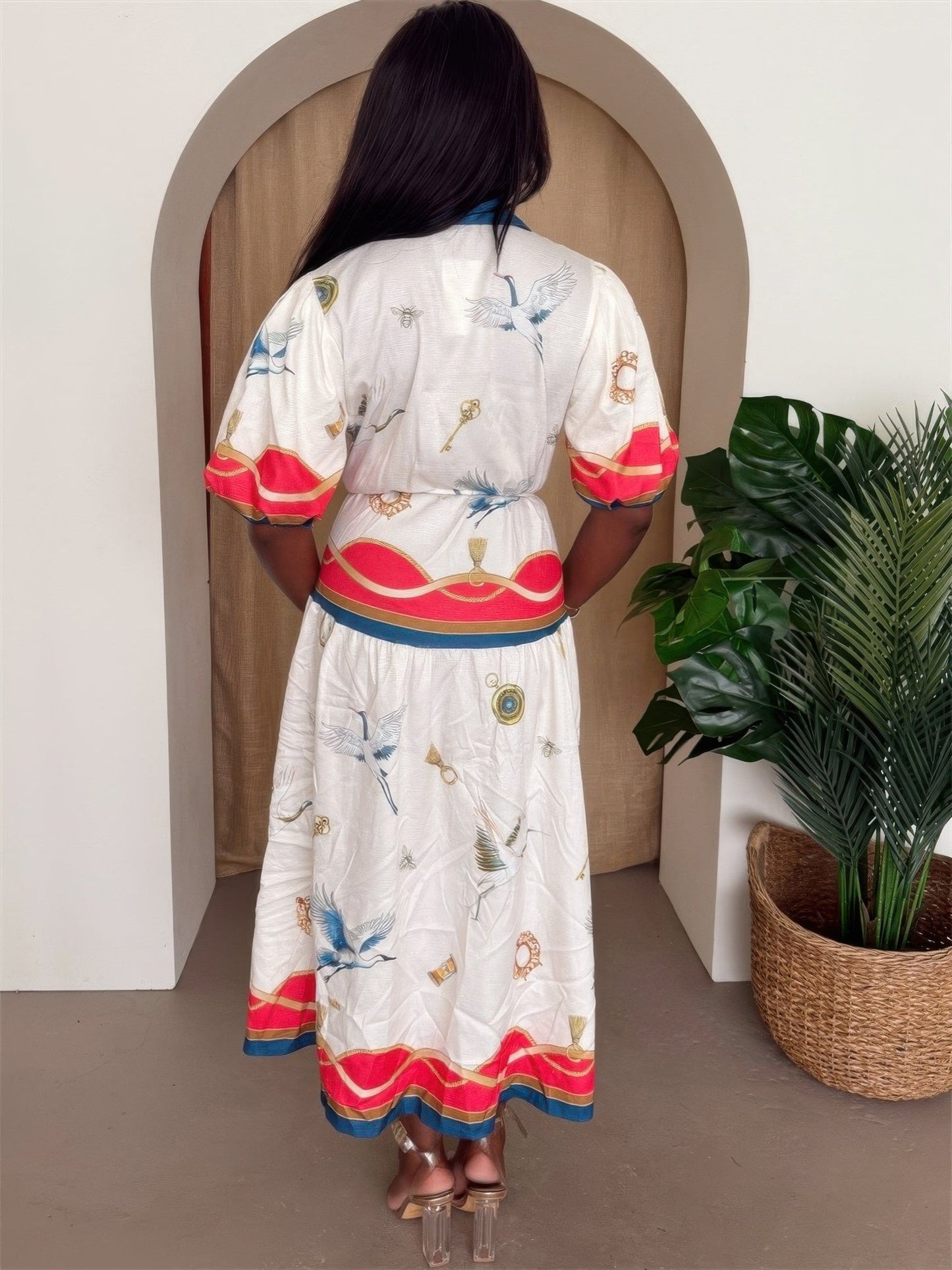 Crane & Nautical Belted Midi Dress Ivory Multi - AV Fashion’s