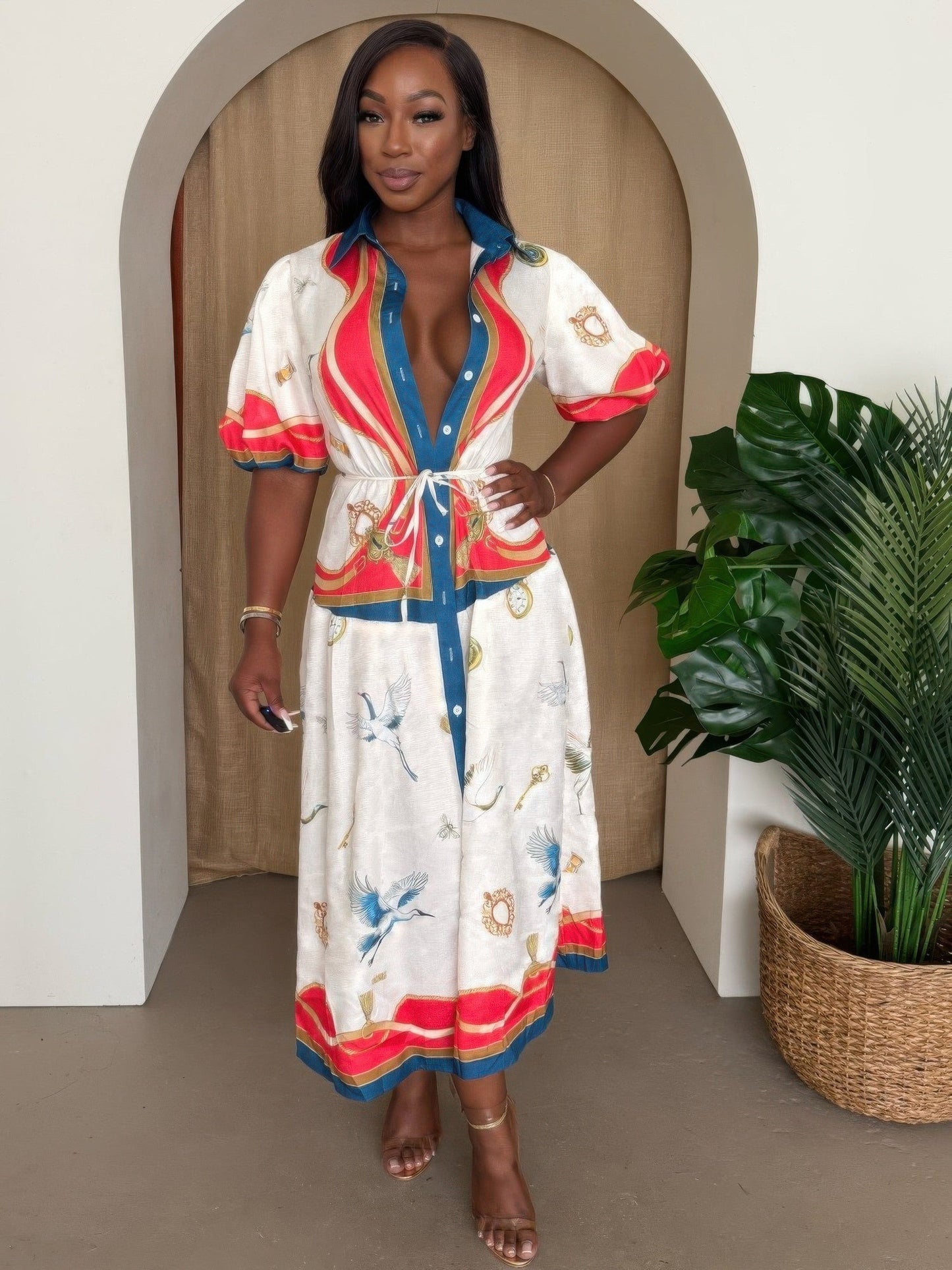 Crane & Nautical Belted Midi Dress Ivory Multi - AV Fashion’s