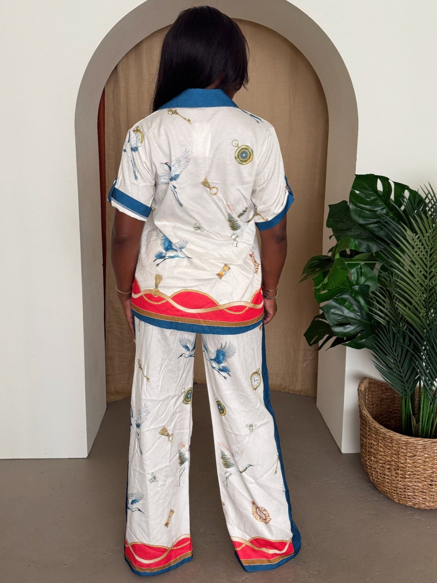 Crane & Nautical Print Shirt Pant Set Ivory Multi - AV Fashion’s
