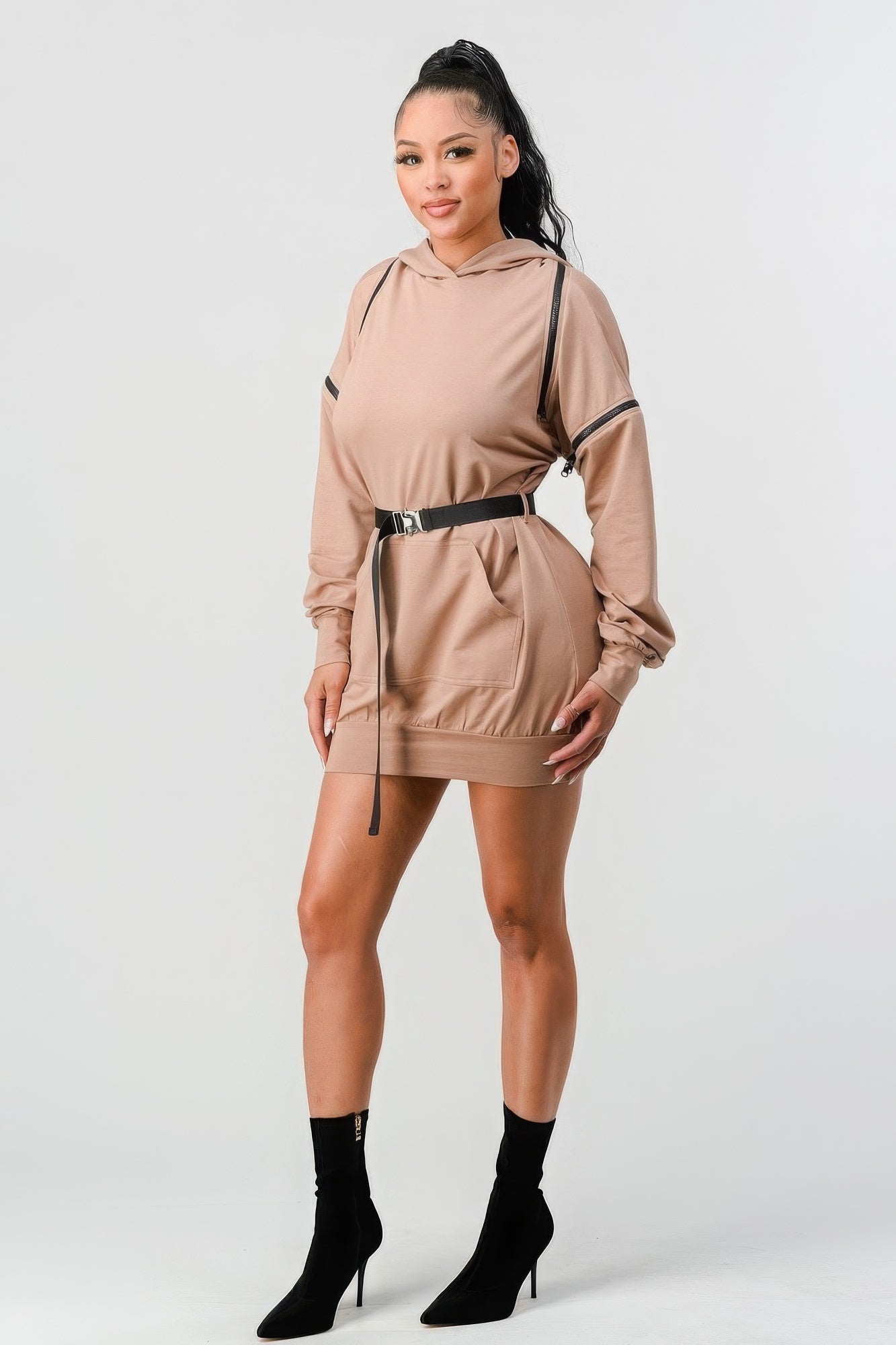 Double Zipper Long Sleeve Hooded Mini Dress - AV Fashion’s