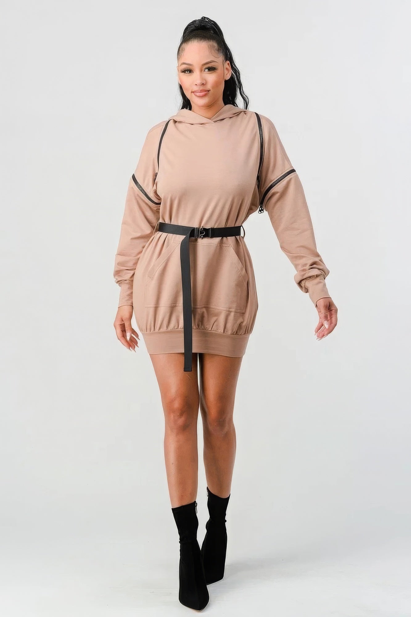 Double Zipper Long Sleeve Hooded Mini Dress - AV Fashion’s