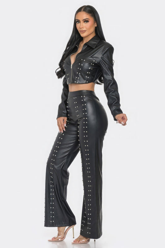 Faux Leather Set With Rhinestone Detail - AV Fashion’s