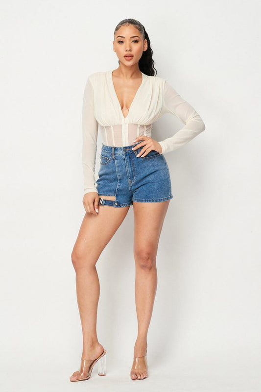 Fishnet Sheer Mesh Back Deep V Neck Bodysuit - AV Fashion’s