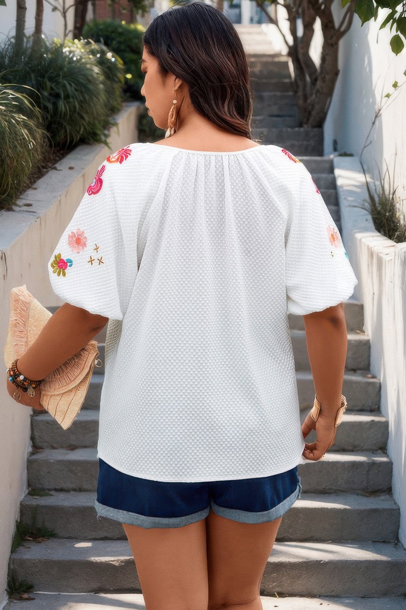 Floral V Neck Ruffle Puff Sleeve Lace Blouse - AV Fashion’s