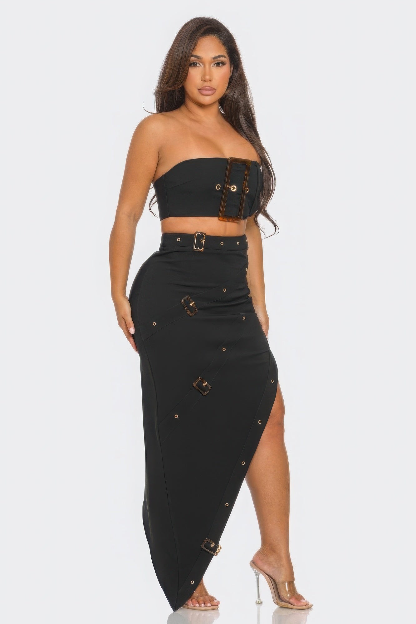 Front Eyelet Buckle Belt Top And Skirt Set - AV Fashion’s