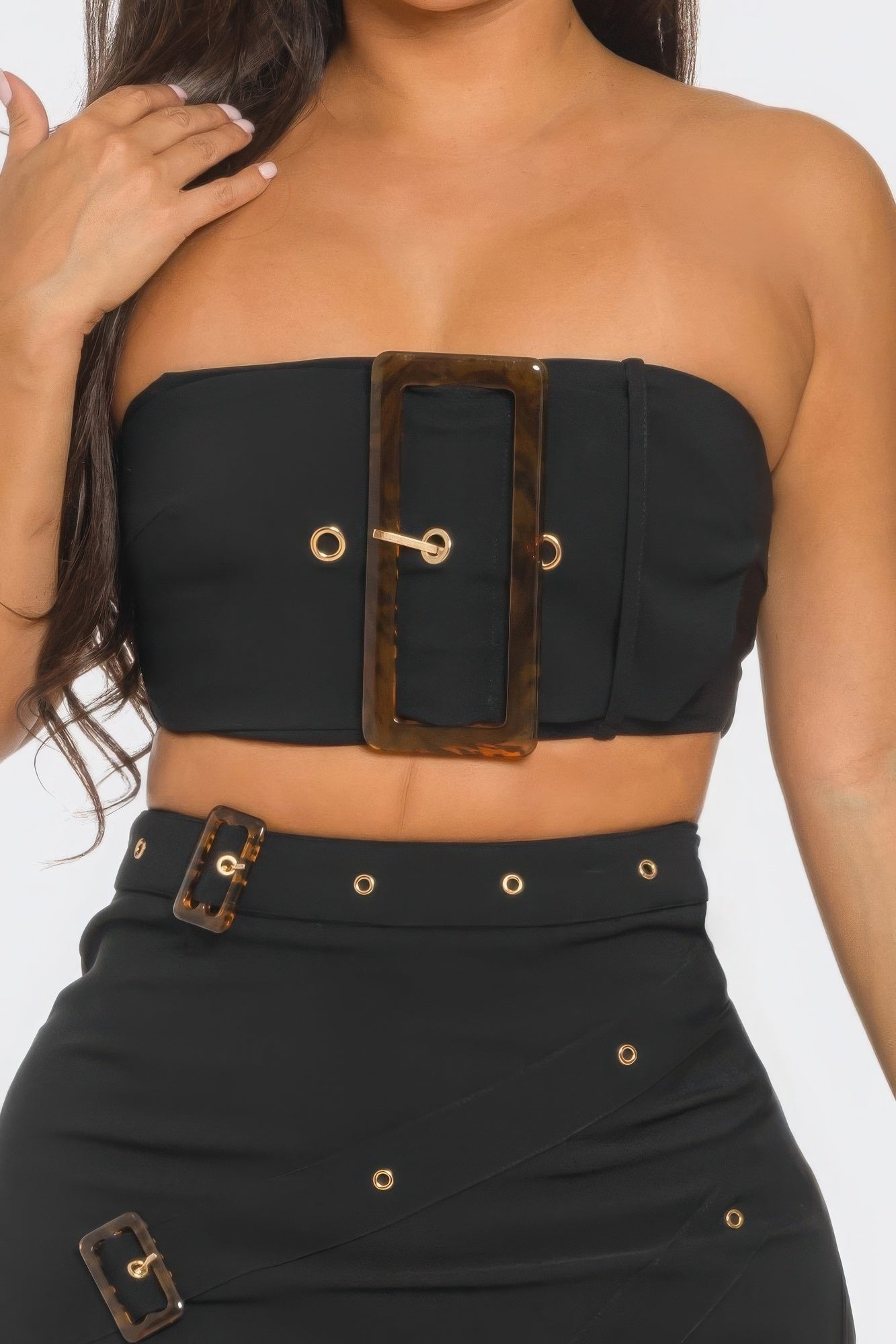 Front Eyelet Buckle Belt Top And Skirt Set - AV Fashion’s
