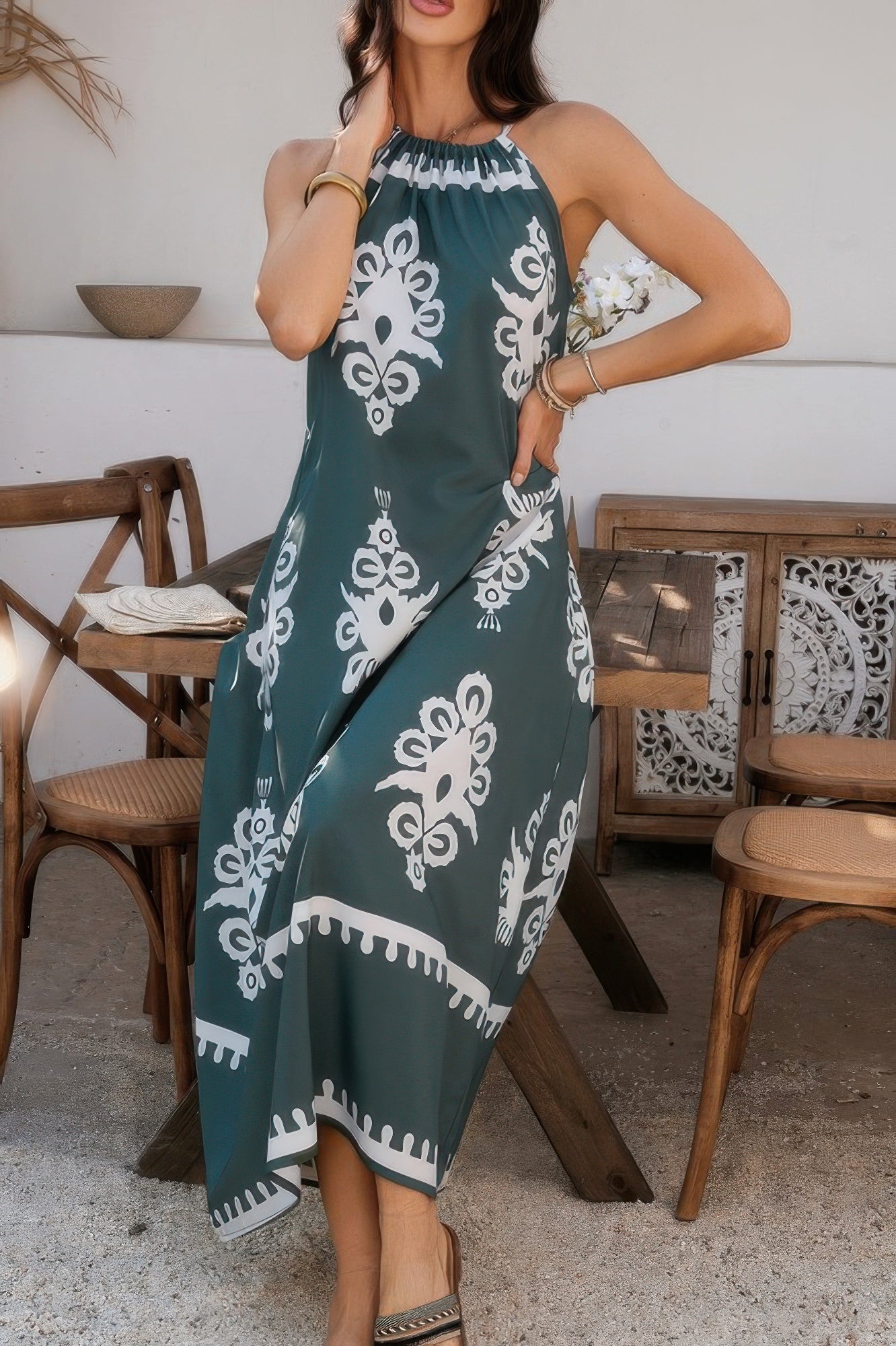 Geo Print Halter Sleeveless Loose Fit Dress - AV Fashion’s