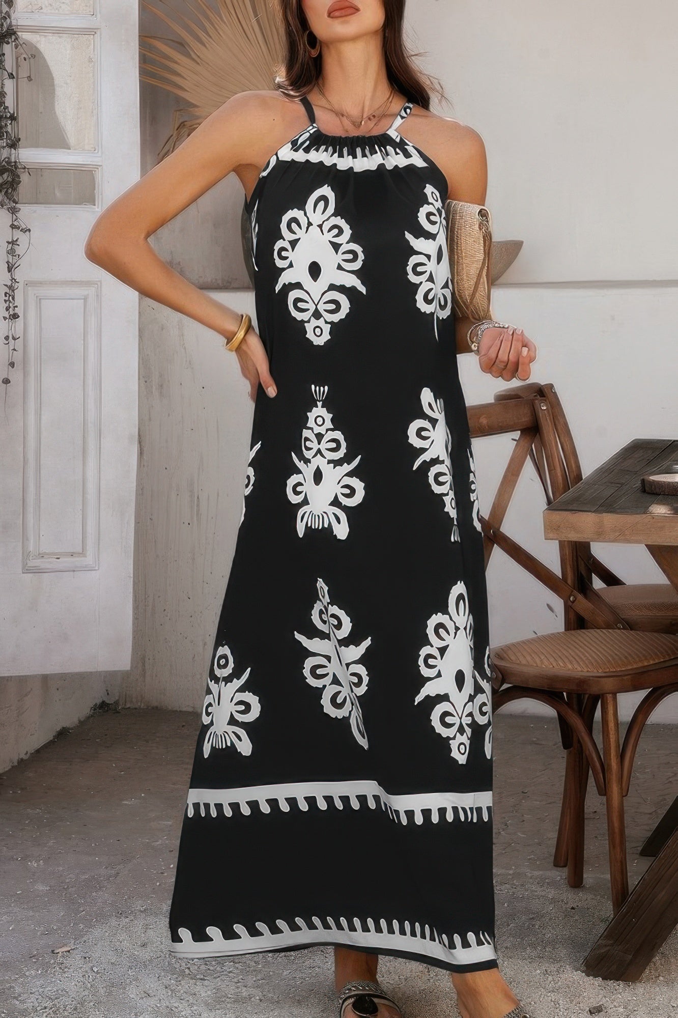 Geo Print Halter Sleeveless Loose Fit Dress - AV Fashion’s