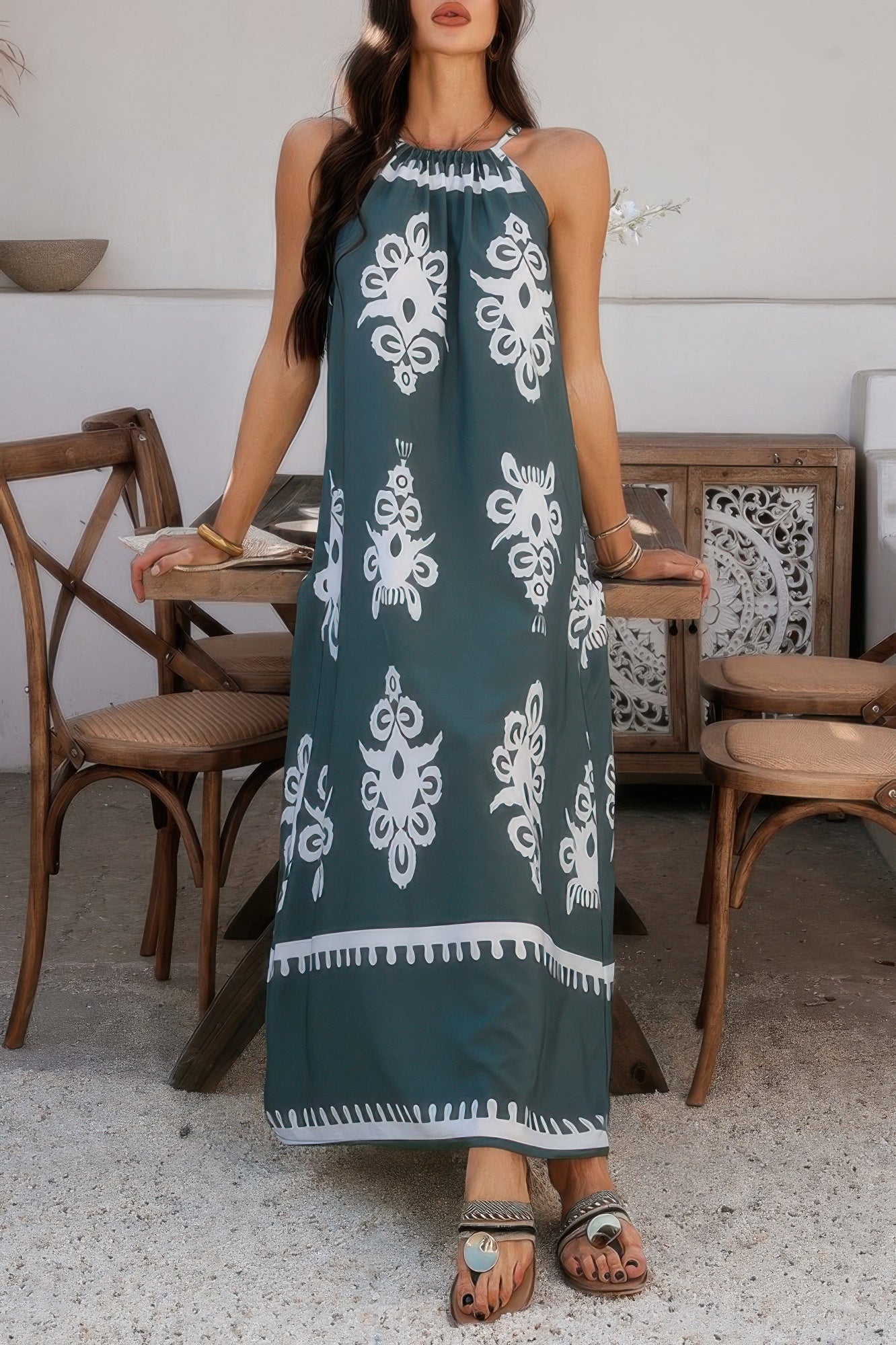 Geo Print Halter Sleeveless Loose Fit Dress - AV Fashion’s