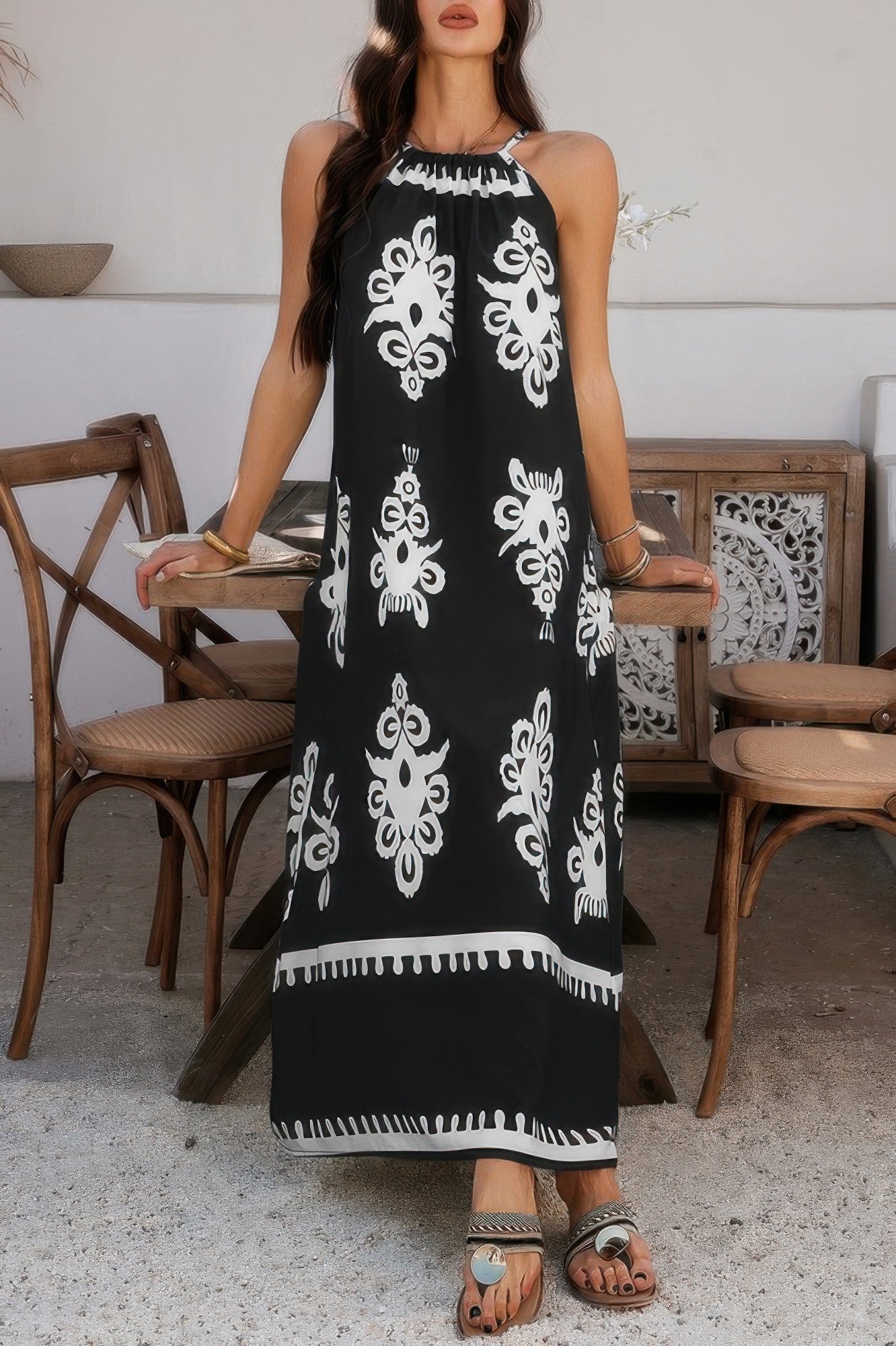 Geo Print Halter Sleeveless Loose Fit Dress - AV Fashion’s
