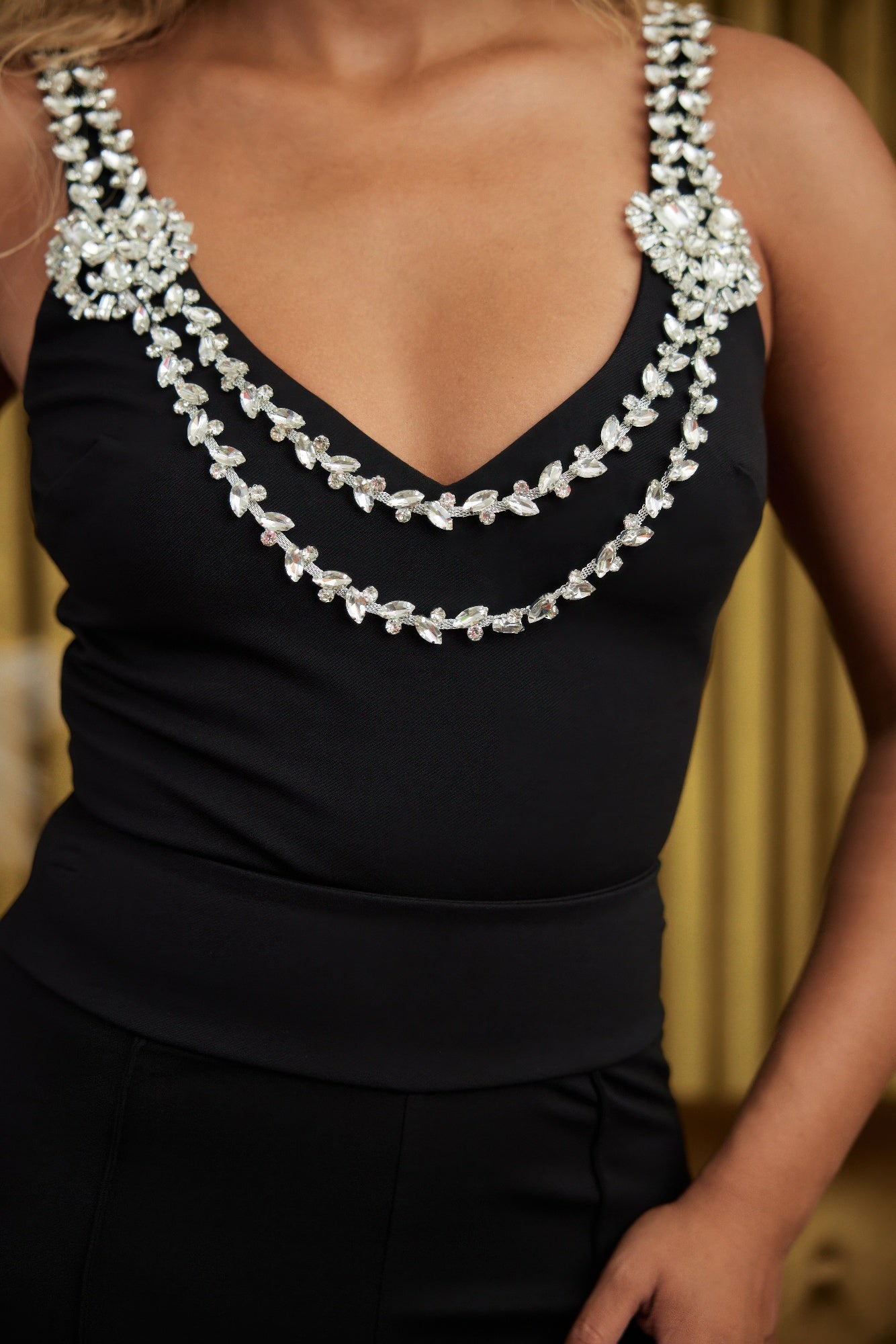 Layered Crystal Stone Strap Bodysuit - AV Fashion’s