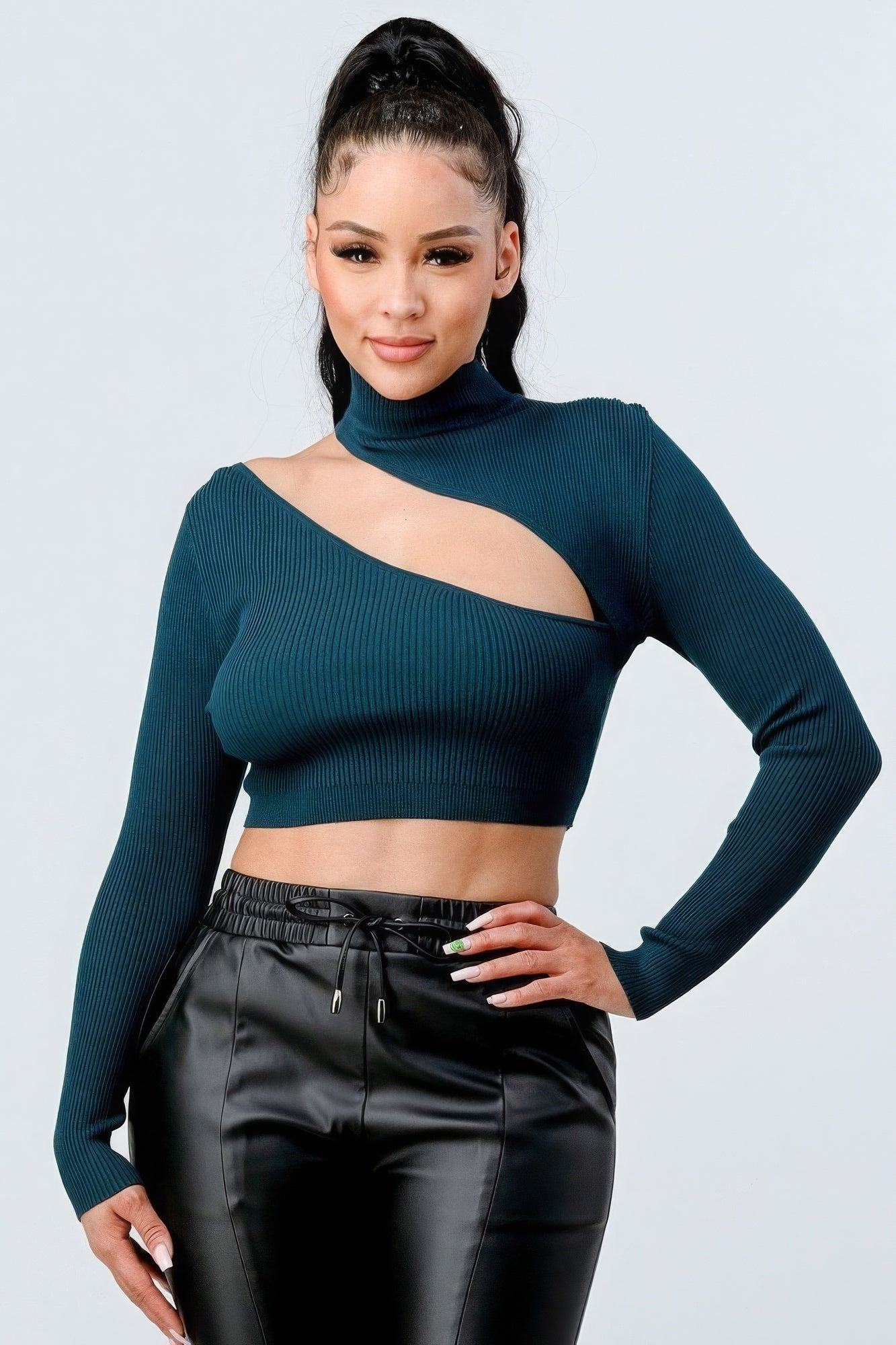 Lux Sweater Rib Cutout Mock Neck Crop Top - AV Fashion’s