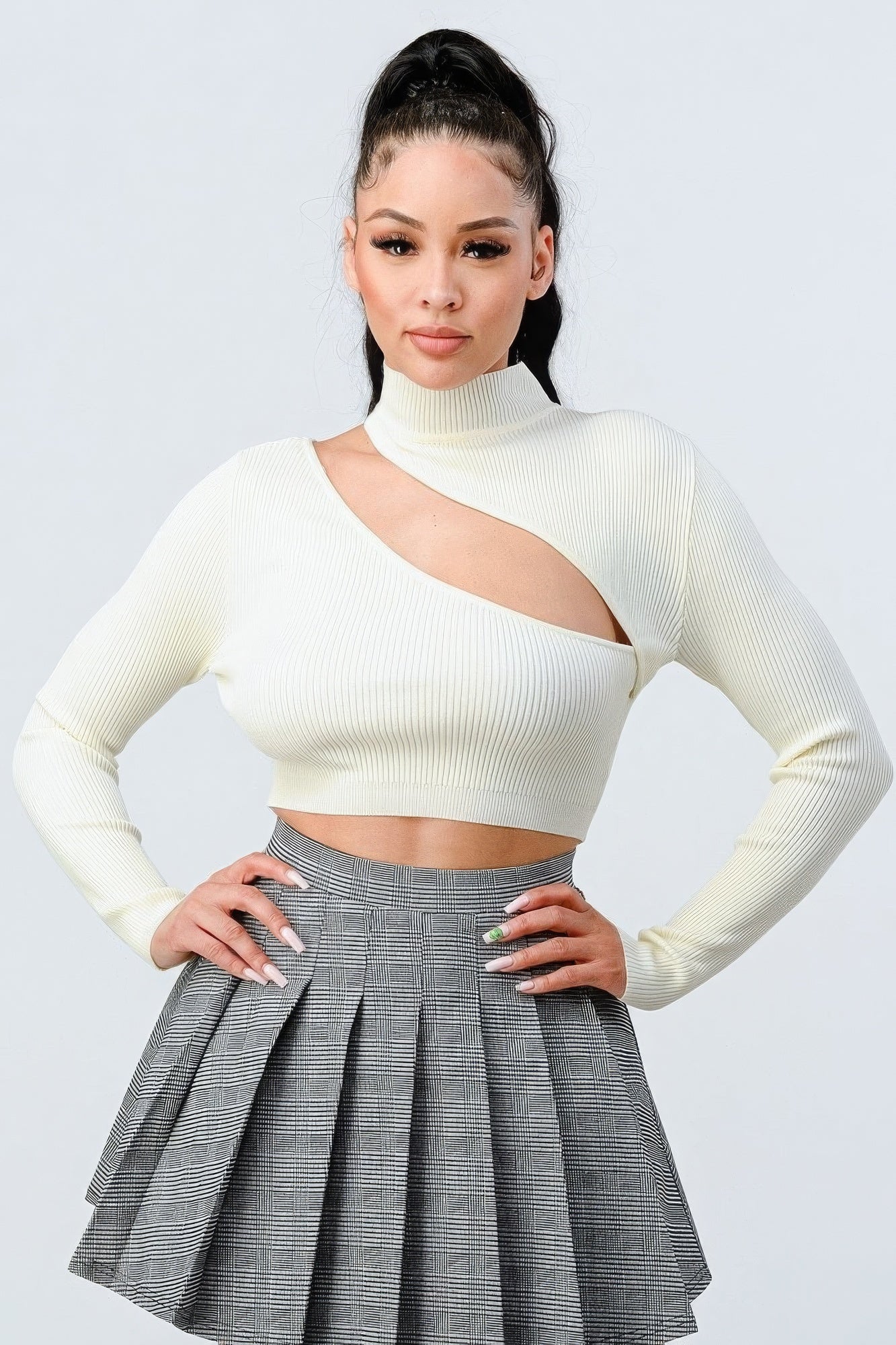 Lux Sweater Rib Cutout Mock Neck Crop Top - AV Fashion’s
