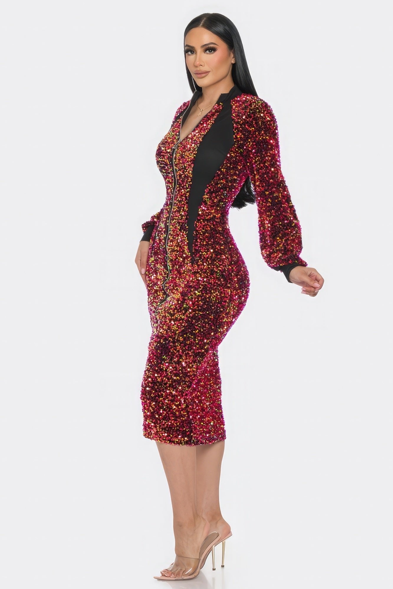 Midi 2 Way Zip Up Sequin Contrast Dress - AV Fashion’s