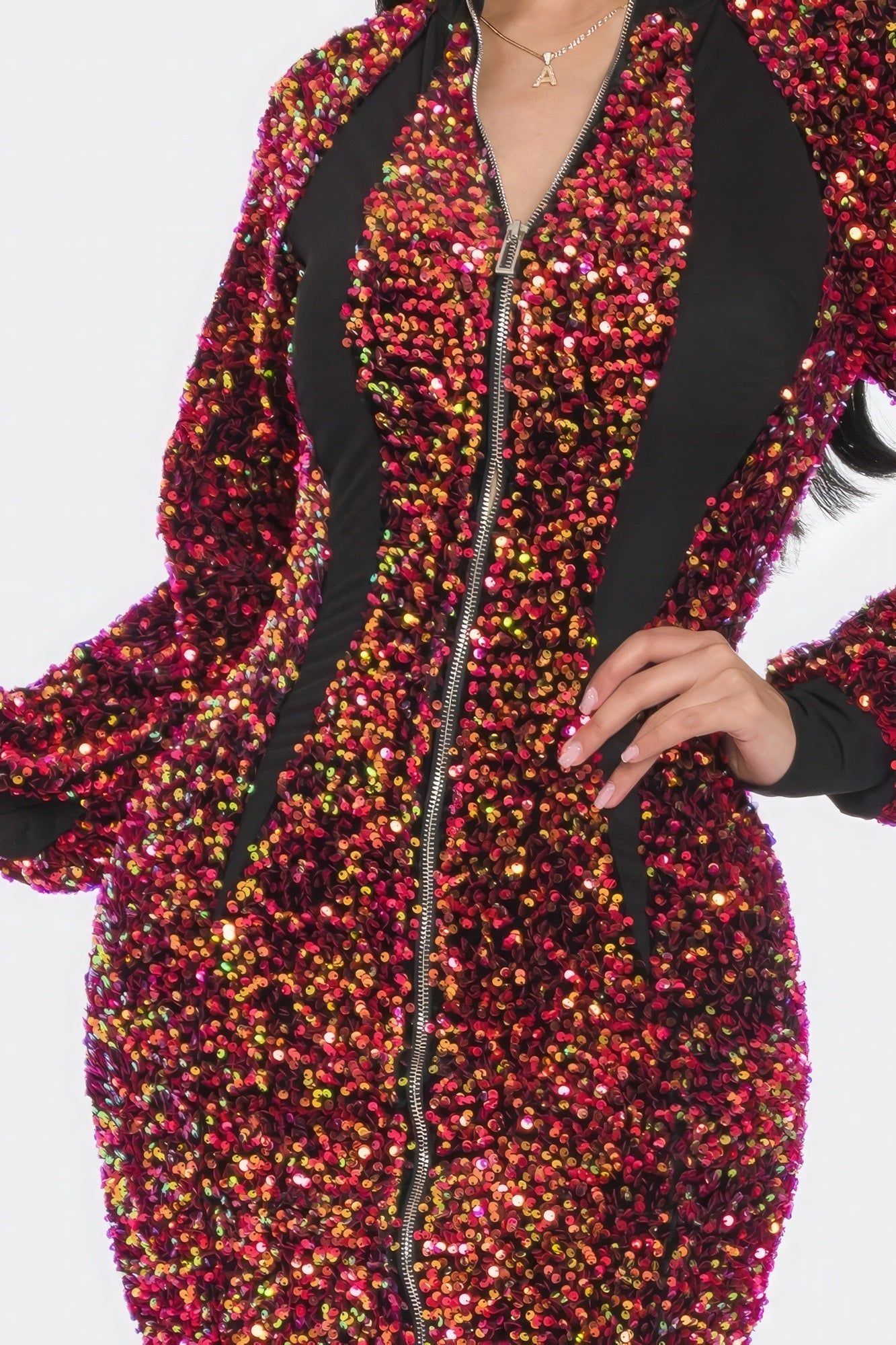 Midi 2 Way Zip Up Sequin Contrast Dress - AV Fashion’s