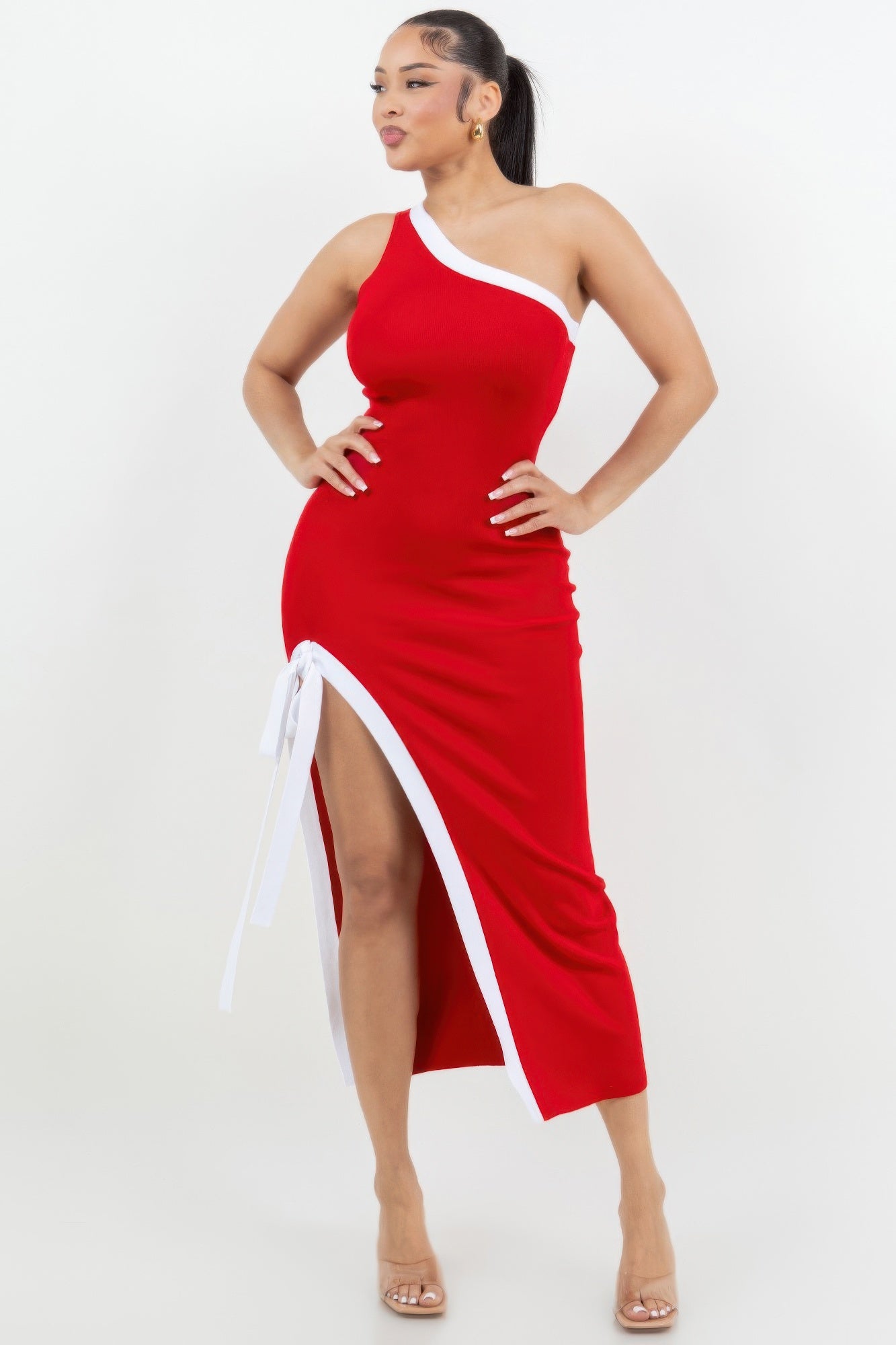 One Shoulder Side Slit Tie - up Maxi Dress - AV Fashion’s