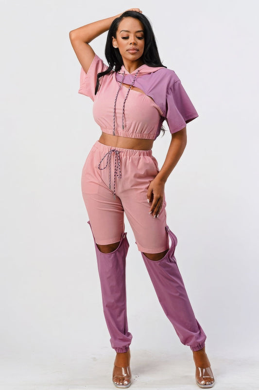 Pants Set In Color Block With Hoodie And Detachable Bottom Part - AV Fashion’s