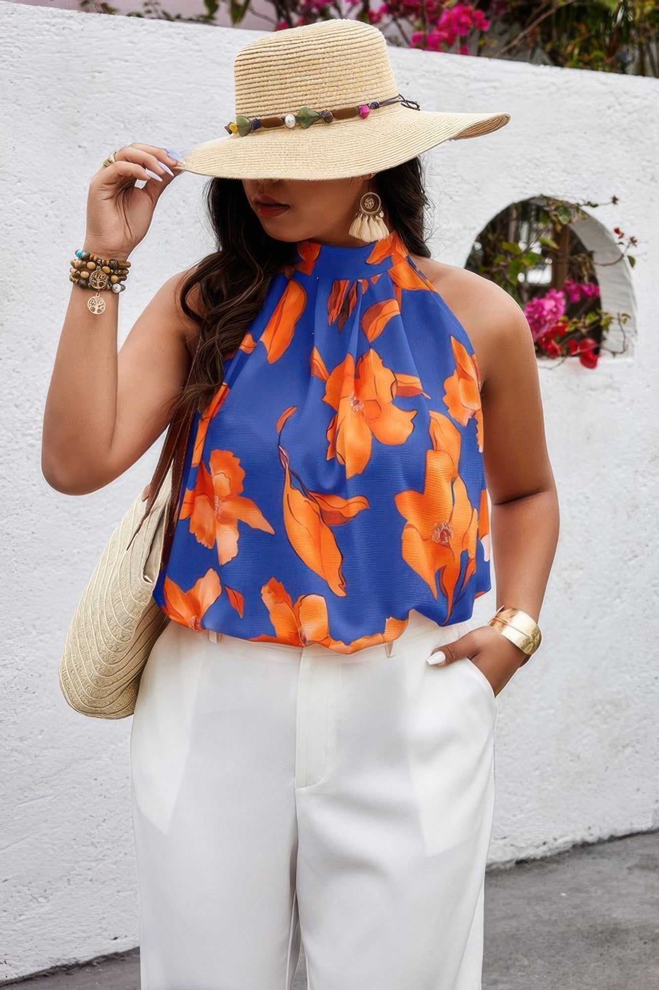 Plus Gingko Leaf Print Short Sleeve Halter Shirt - AV Fashion’s