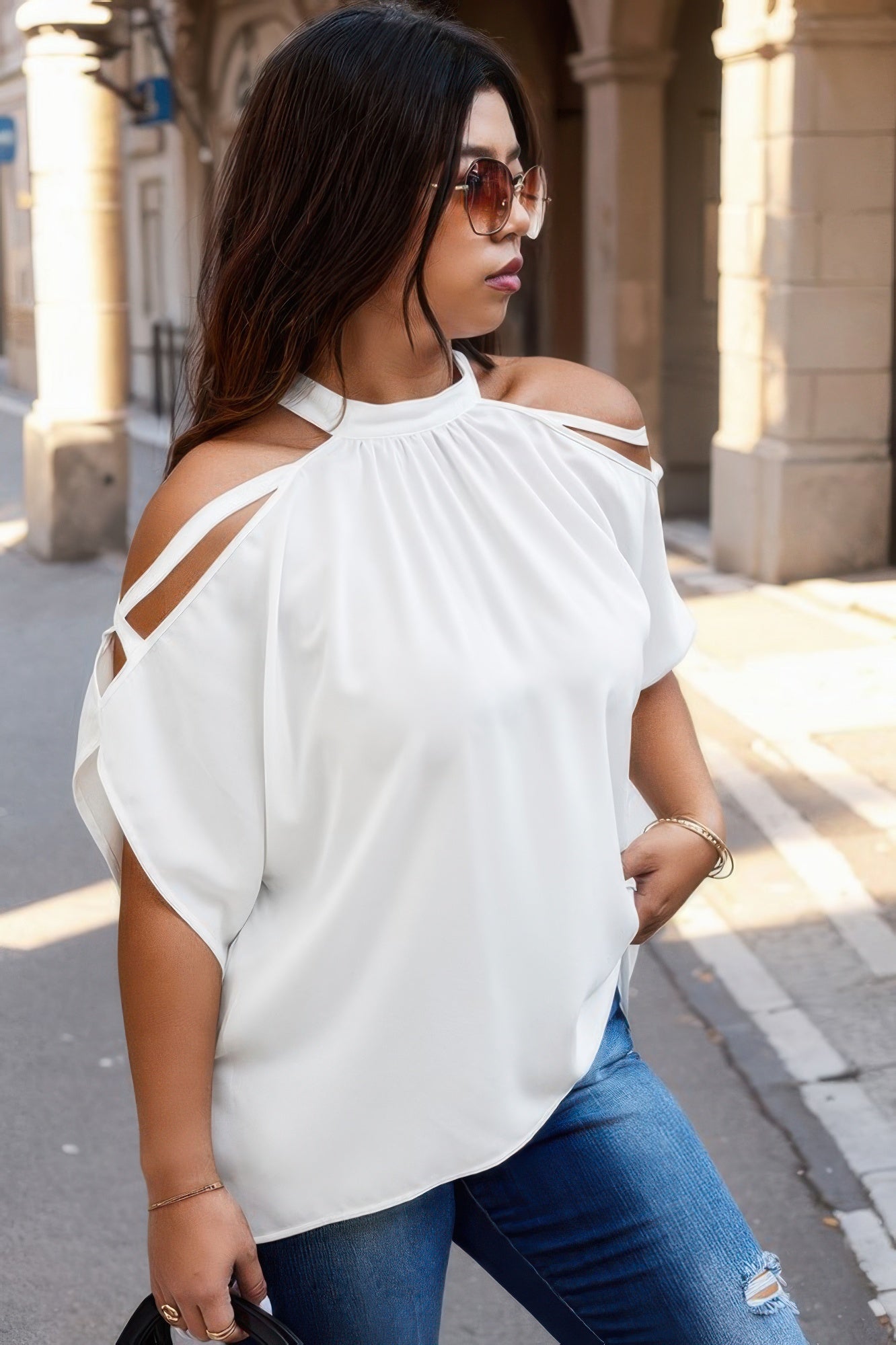 Plus Halter Open Shoulder Bat Sleeves Loose Top - AV Fashion’s