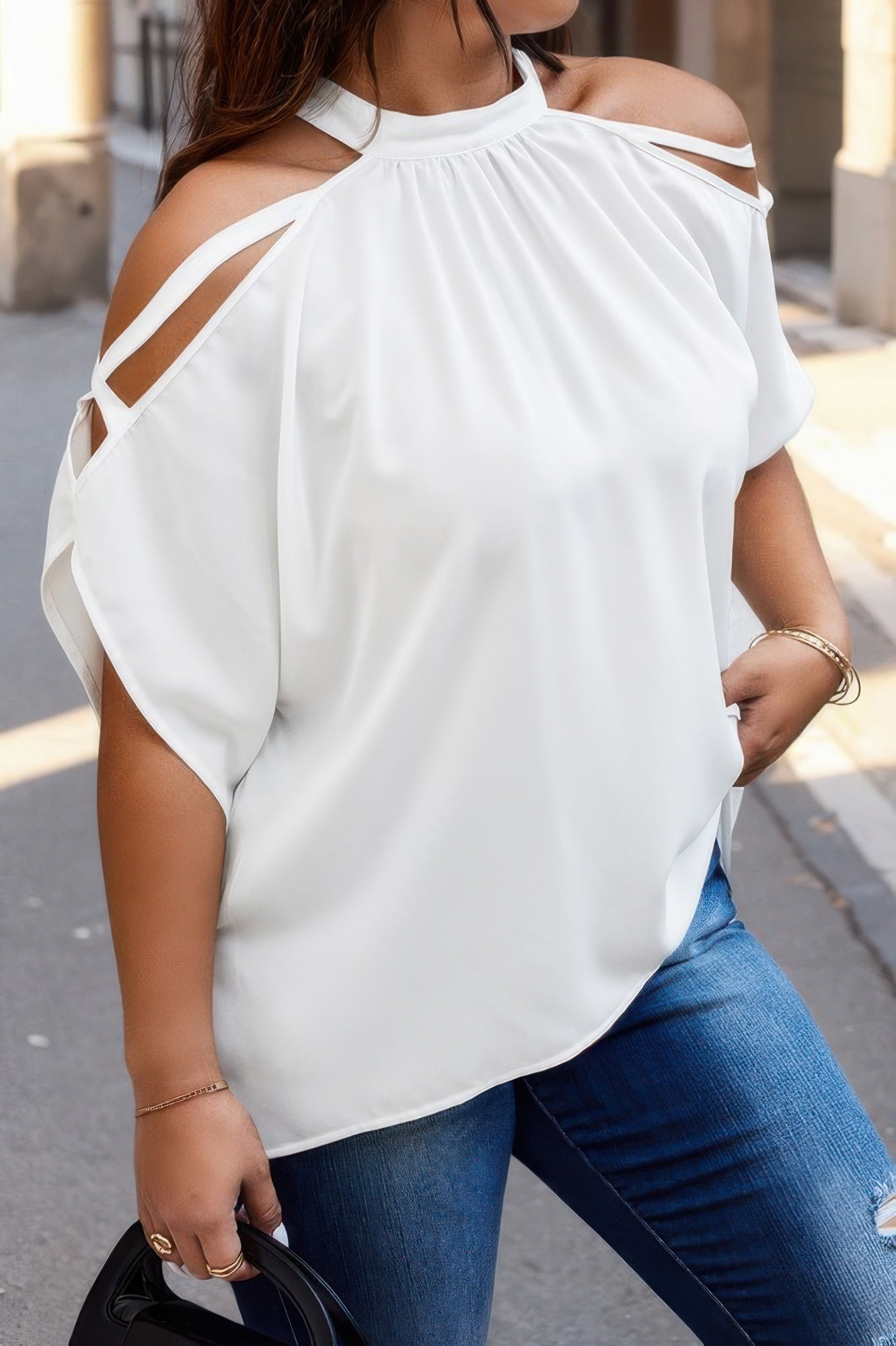 Plus Halter Open Shoulder Bat Sleeves Loose Top - AV Fashion’s