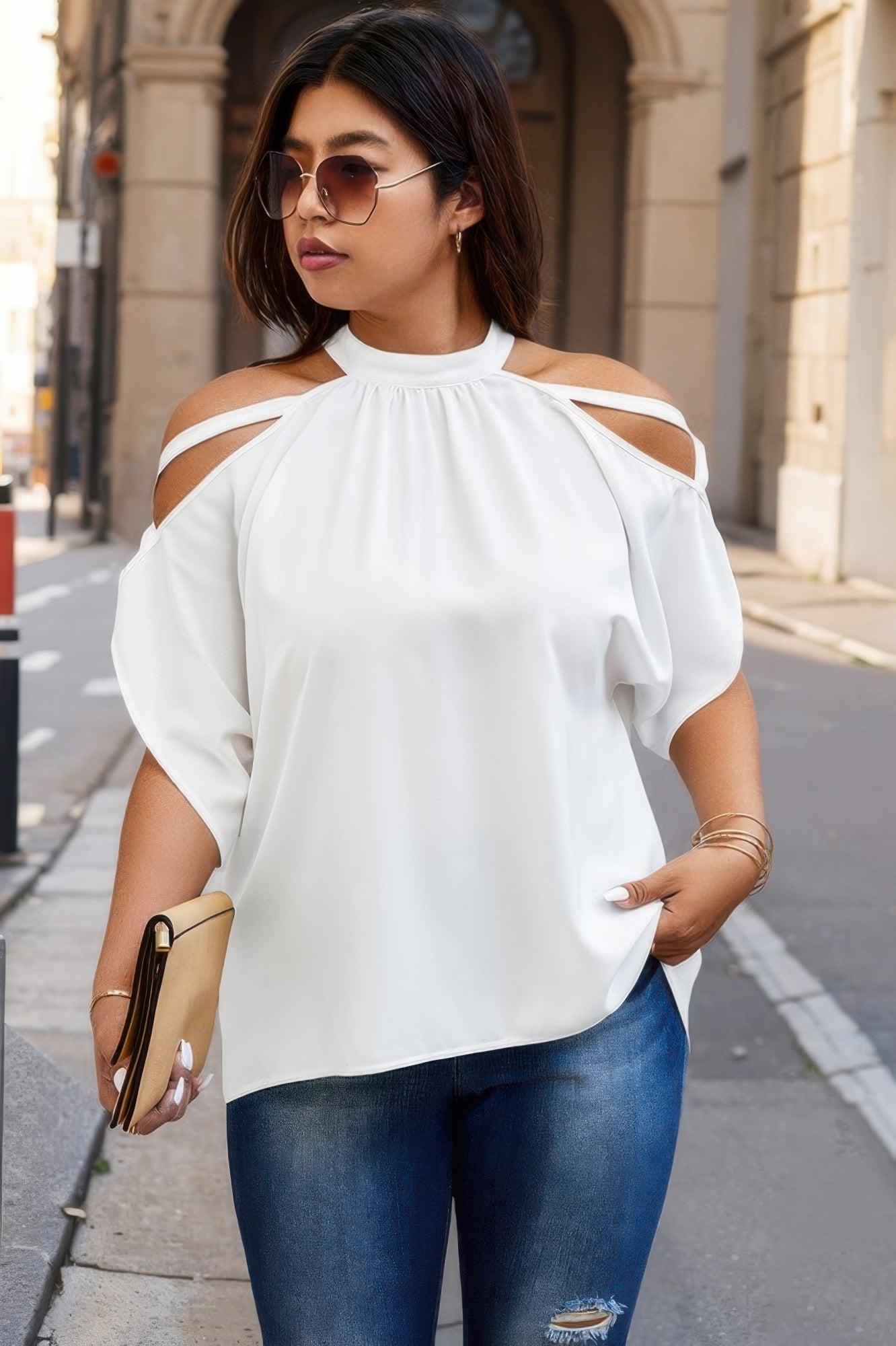 Plus Halter Open Shoulder Bat Sleeves Loose Top - AV Fashion’s