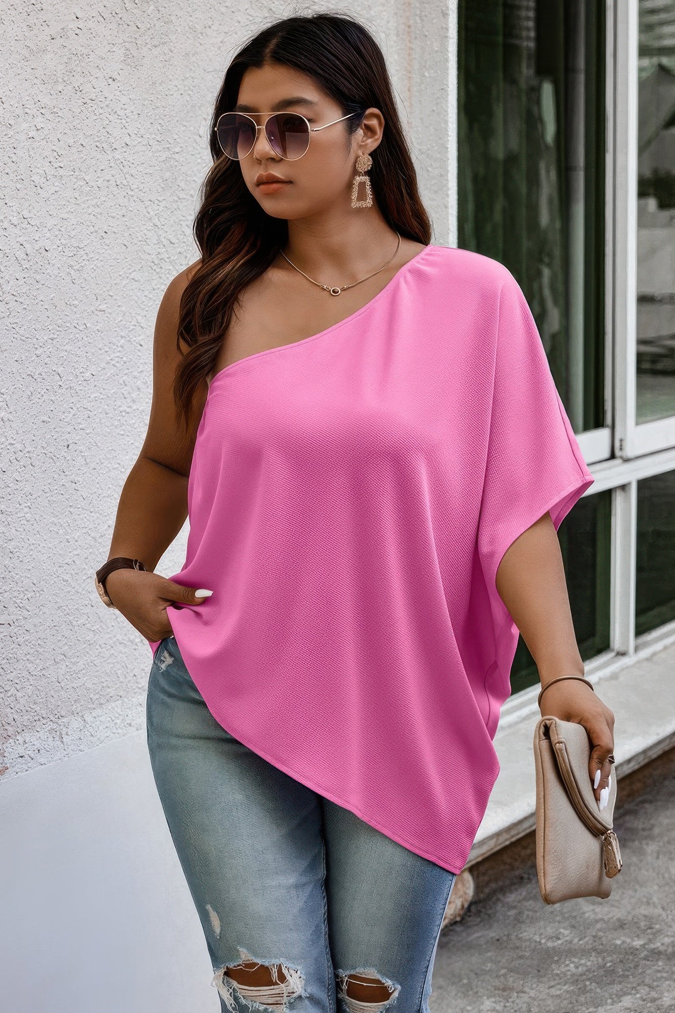 Plus One Shoulder Solid Casual Loose Fit Shirt - AV Fashion’s
