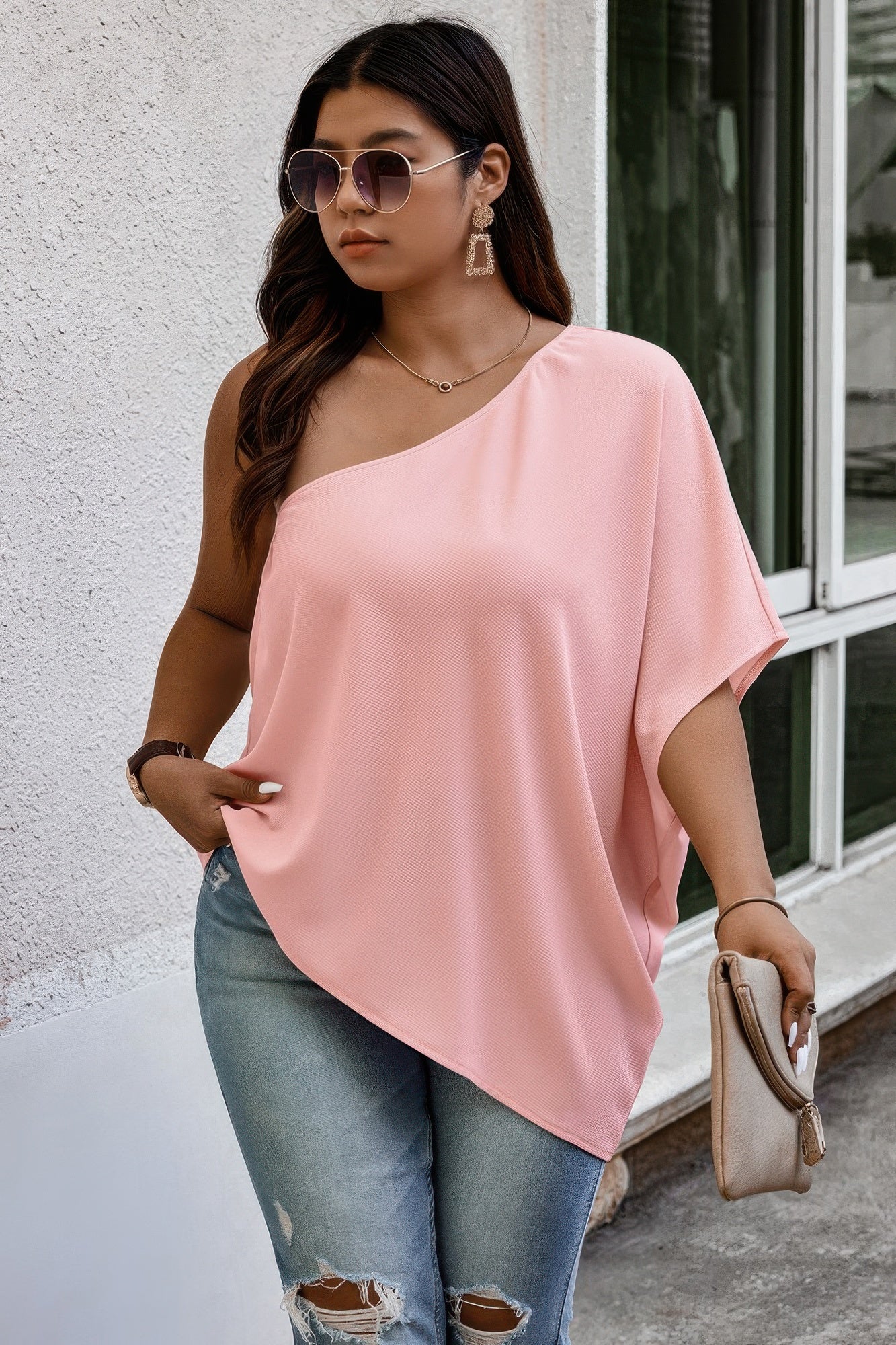 Plus One Shoulder Solid Casual Loose Fit Shirt - AV Fashion’s