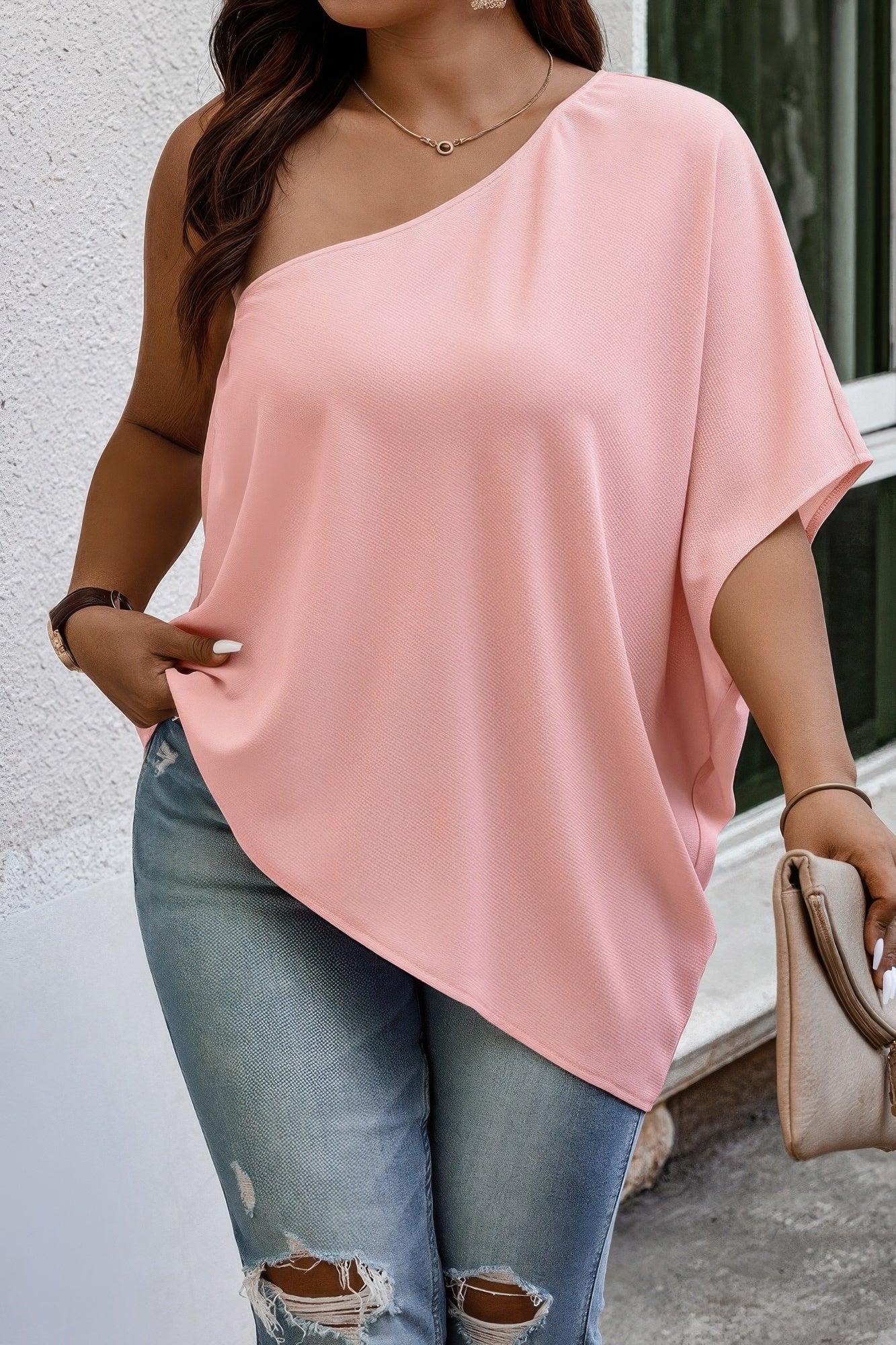 Plus One Shoulder Solid Casual Loose Fit Shirt - AV Fashion’s