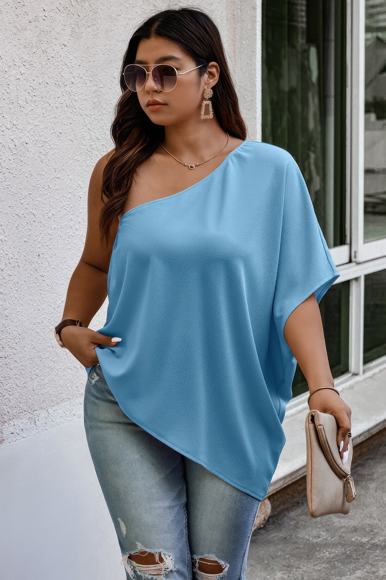 Plus One Shoulder Solid Casual Loose Fit Shirt - AV Fashion’s