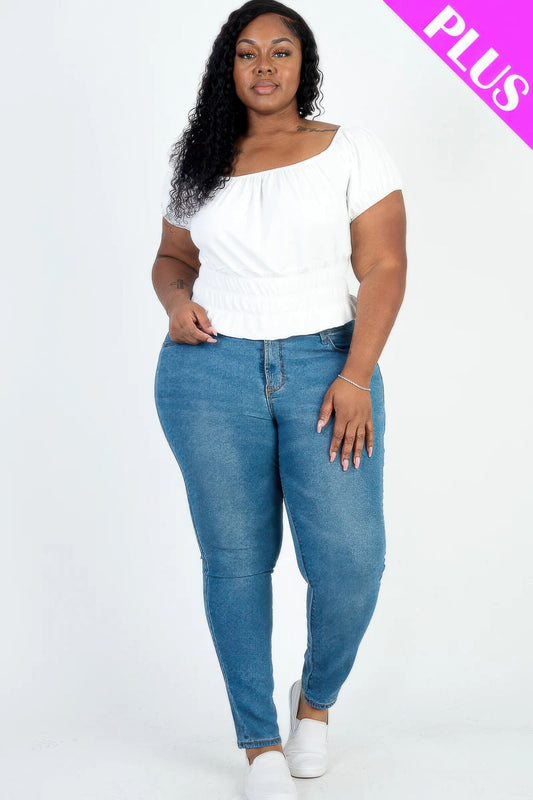 Plus size casual ruched puff sleeve ribbed knit solid top - AV Fashion’s