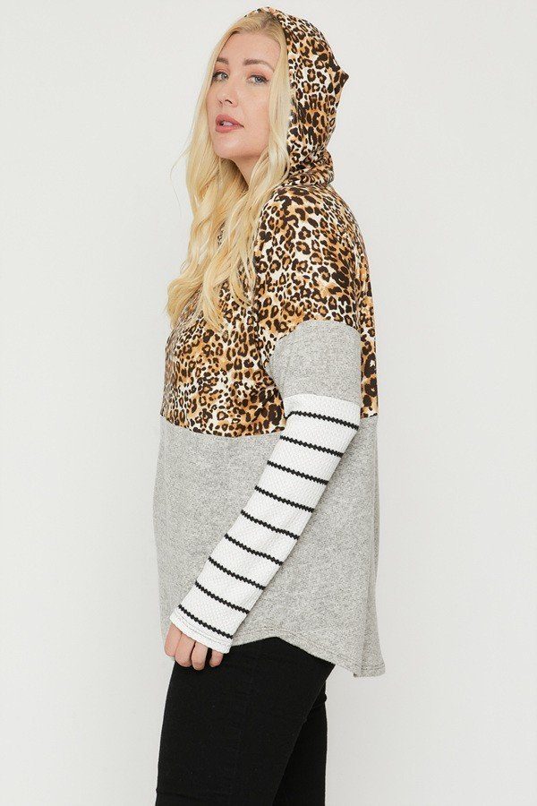 Plus Size Color Block Hoodie Featuring A Cheetah Print - AV Fashion’s