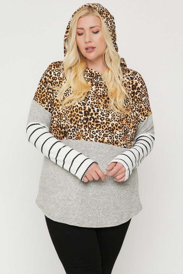 Plus Size Color Block Hoodie Featuring A Cheetah Print - AV Fashion’s