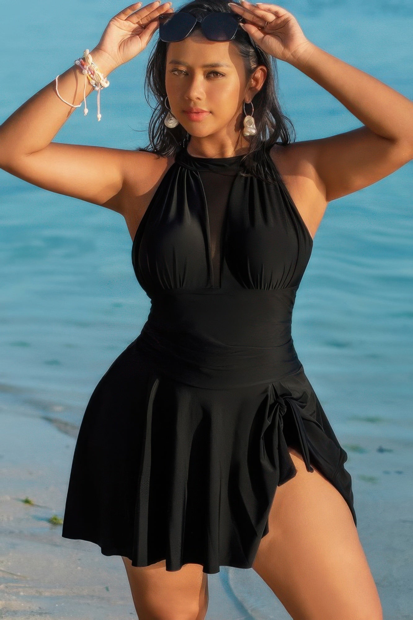 Plus Size Halter Ruched Sleeveless Swim Dress - AV Fashion’s