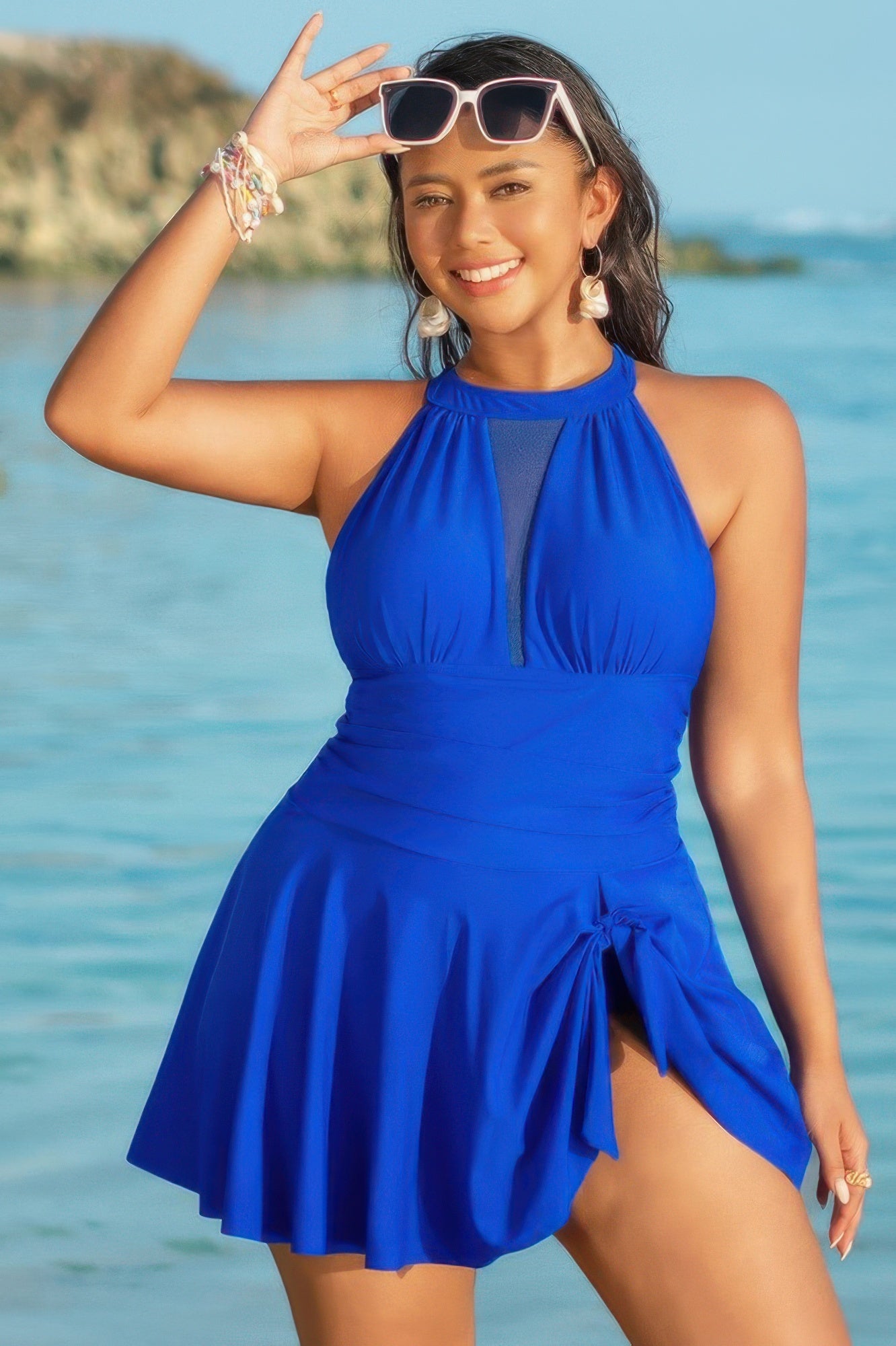 Plus Size Halter Ruched Sleeveless Swim Dress - AV Fashion’s