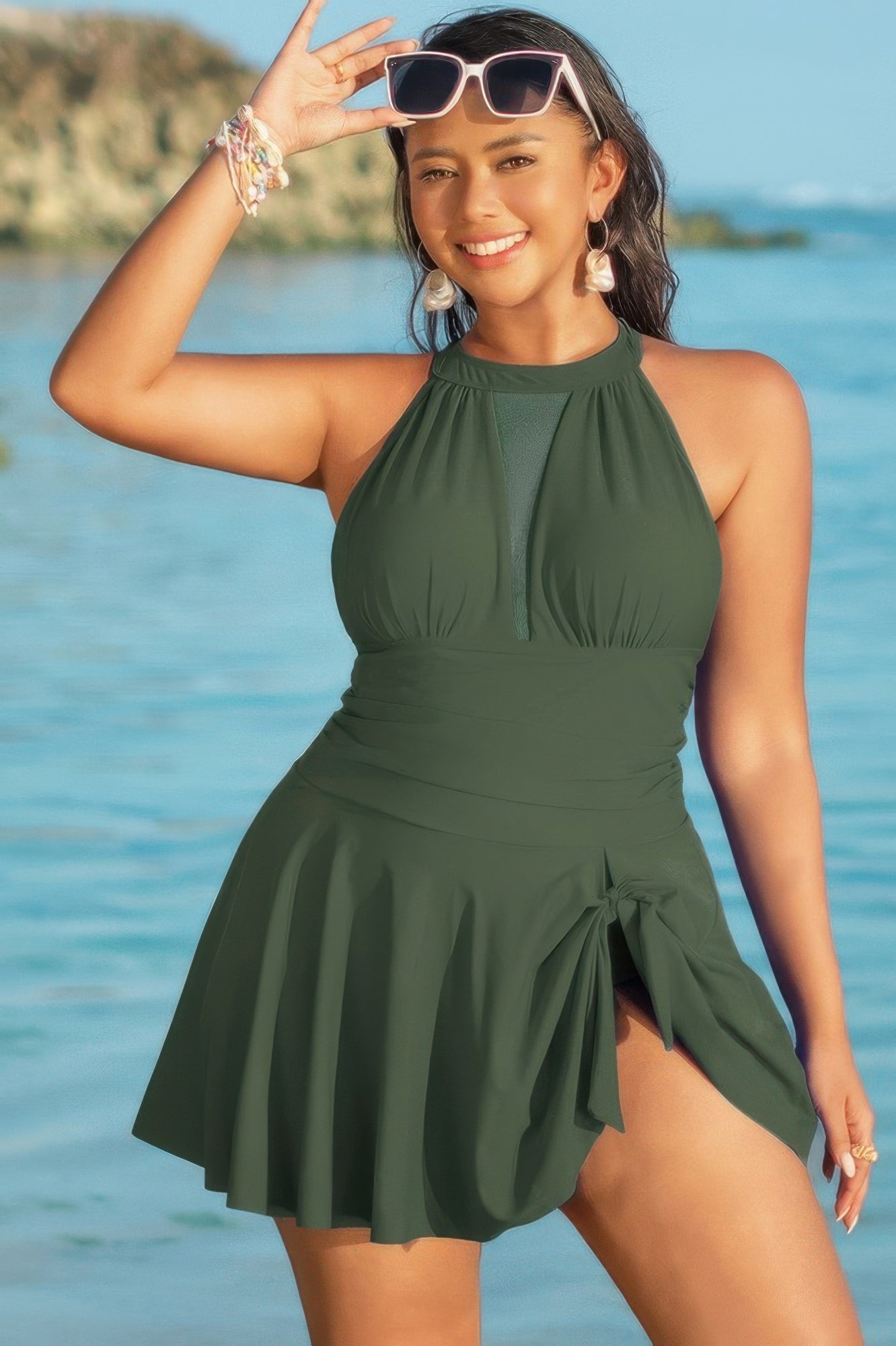 Plus Size Halter Ruched Sleeveless Swim Dress - AV Fashion’s