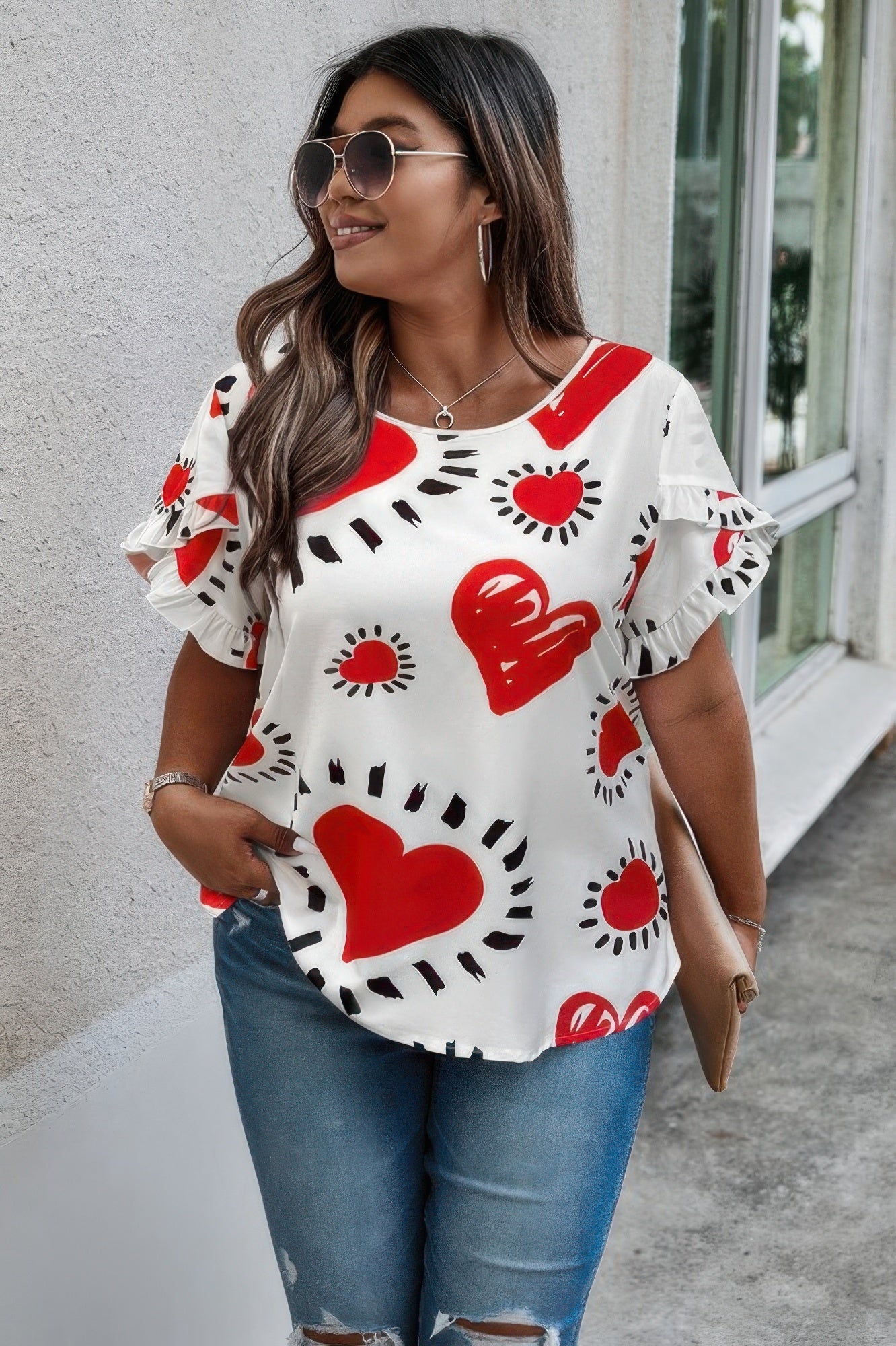 Plus Size Heart Print Ruffle Hem Sleeve Shirt - AV Fashion’s