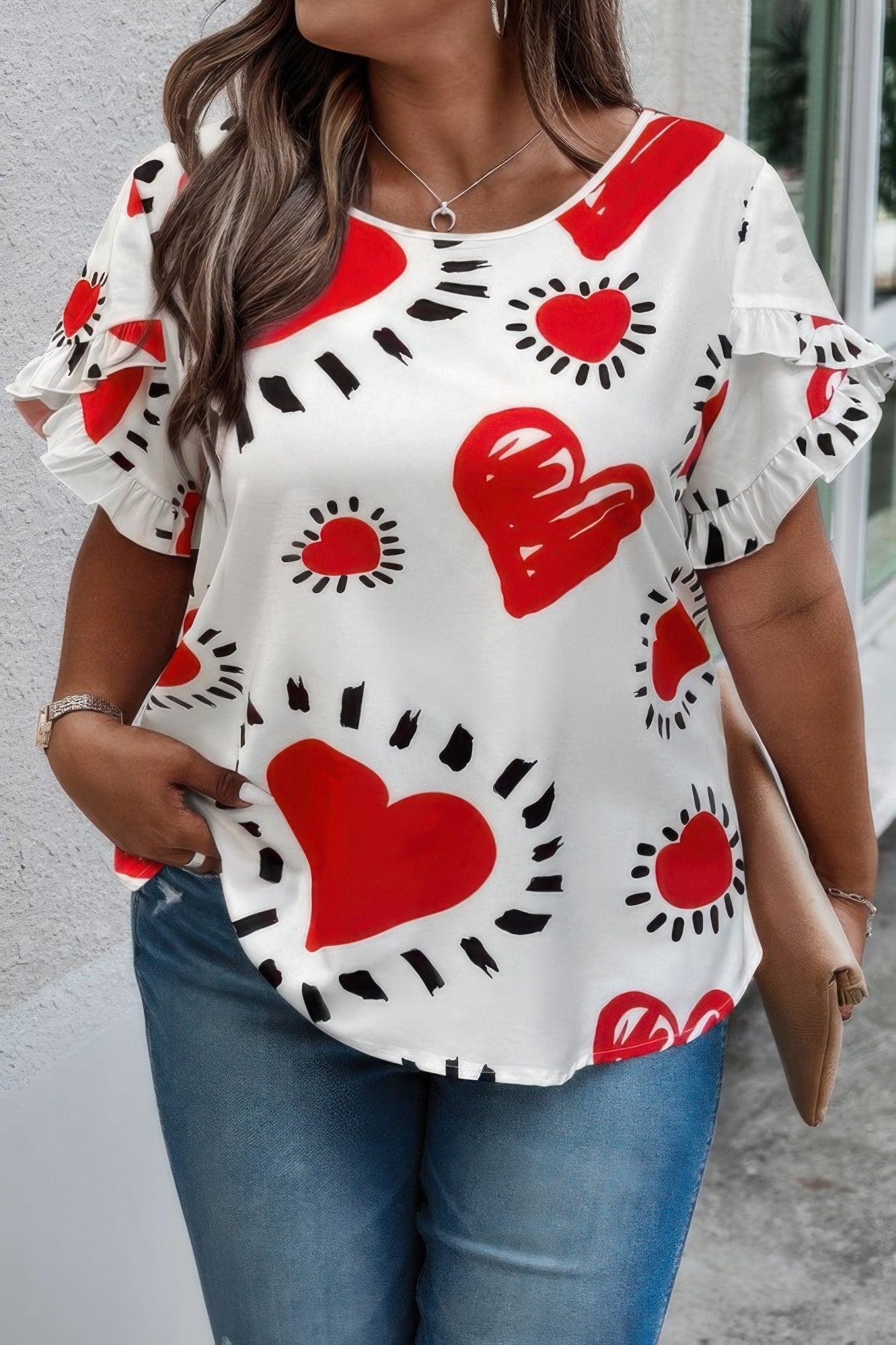 Plus Size Heart Print Ruffle Hem Sleeve Shirt - AV Fashion’s