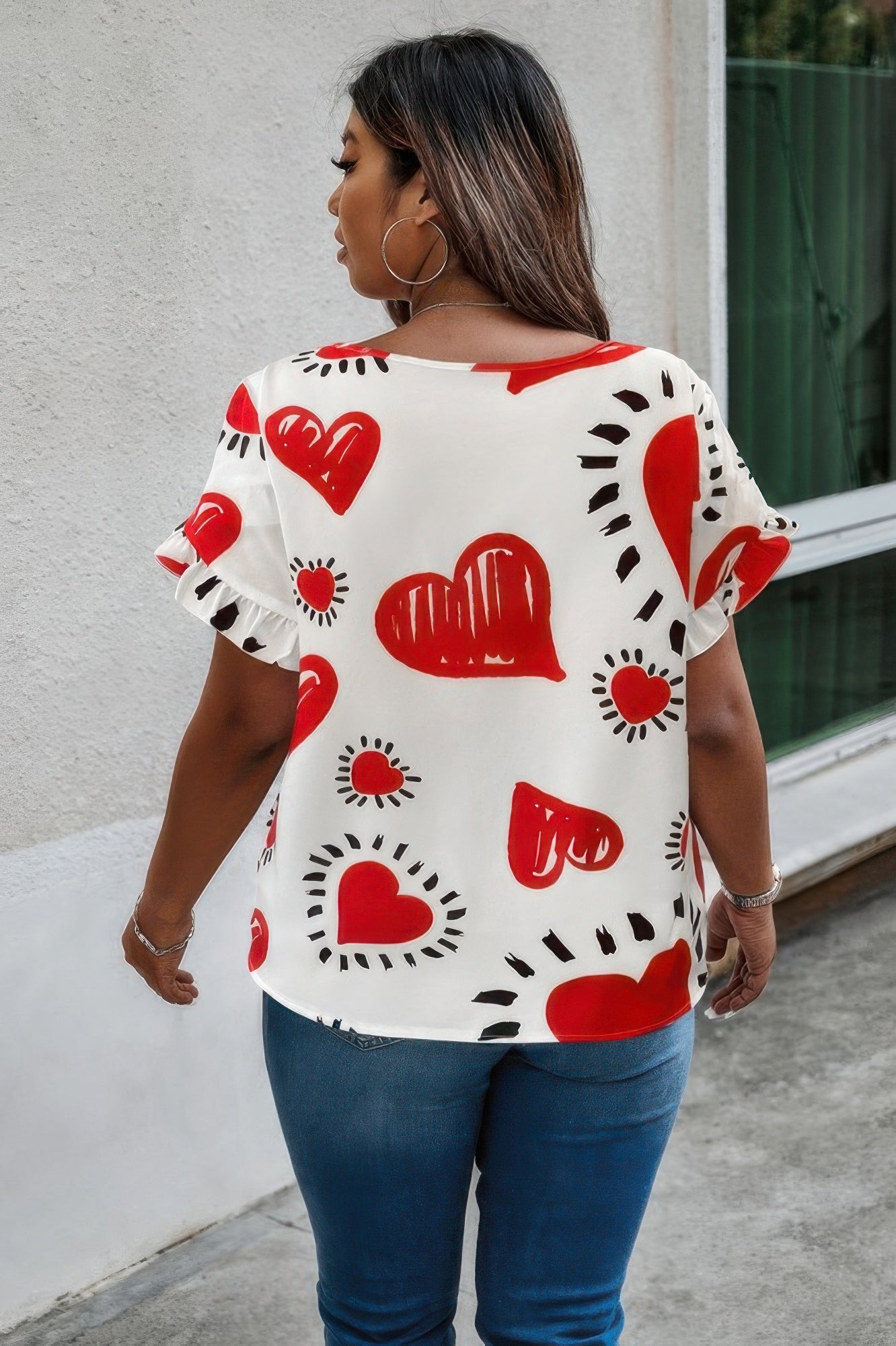 Plus Size Heart Print Ruffle Hem Sleeve Shirt - AV Fashion’s