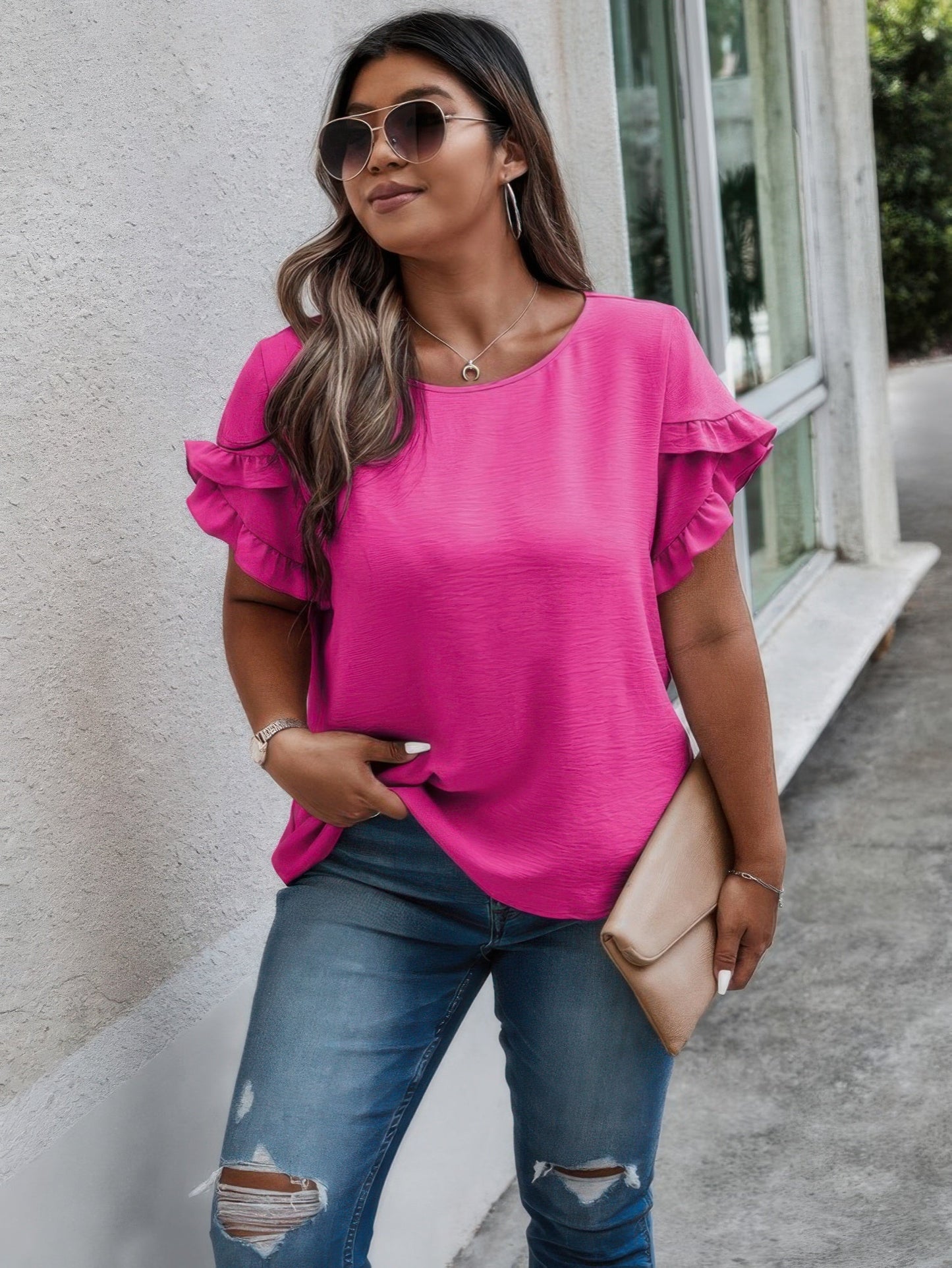 Plus Size Round Neck Ruffle Solid Loose Shirt - AV Fashion’s