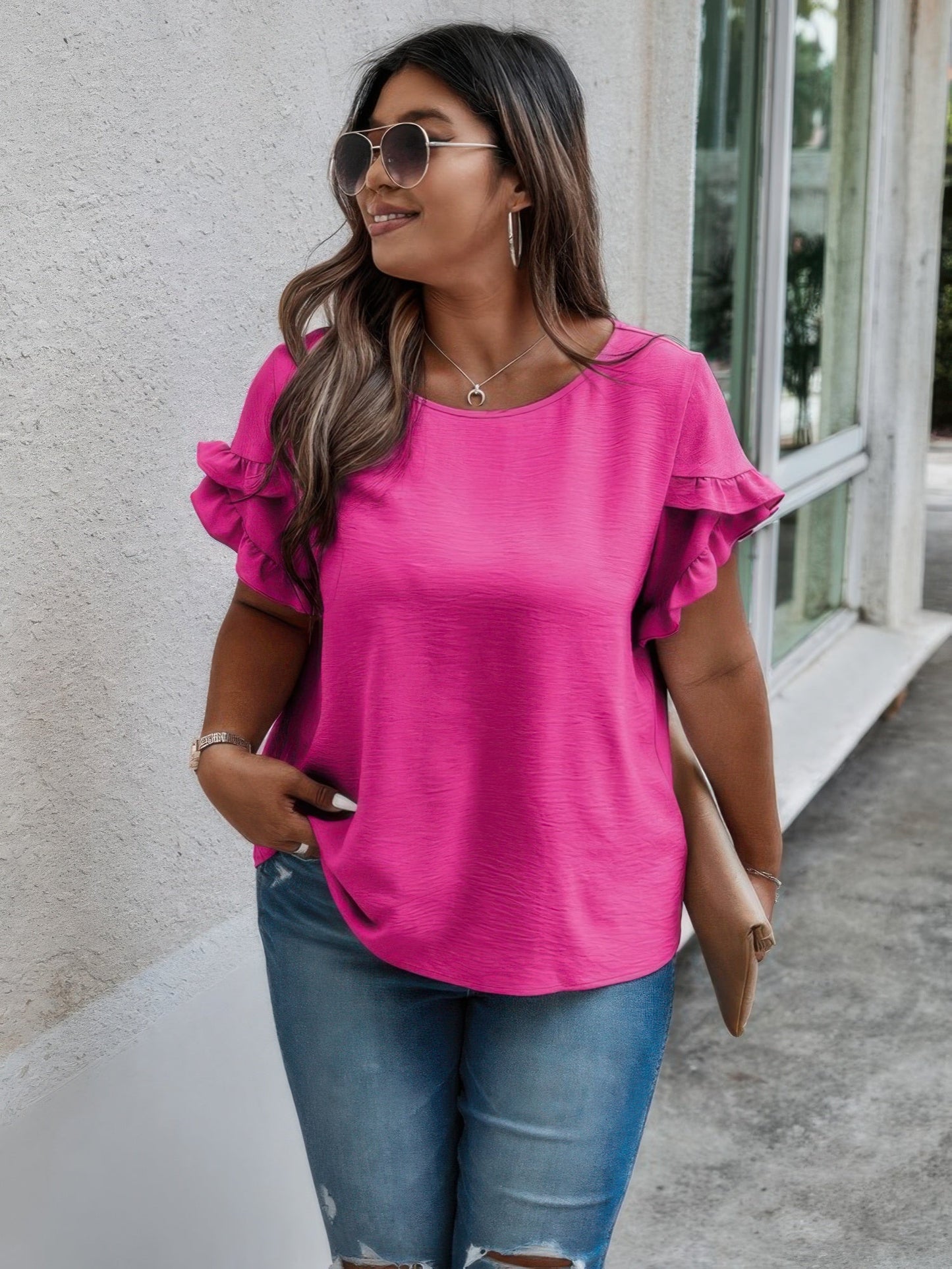 Plus Size Round Neck Ruffle Solid Loose Shirt - AV Fashion’s