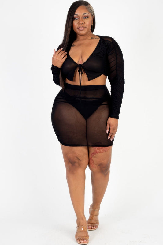 Plus Size Sheer Mesh Tie Front Crop Top & Ruched Side Mini Dress - AV Fashion’s