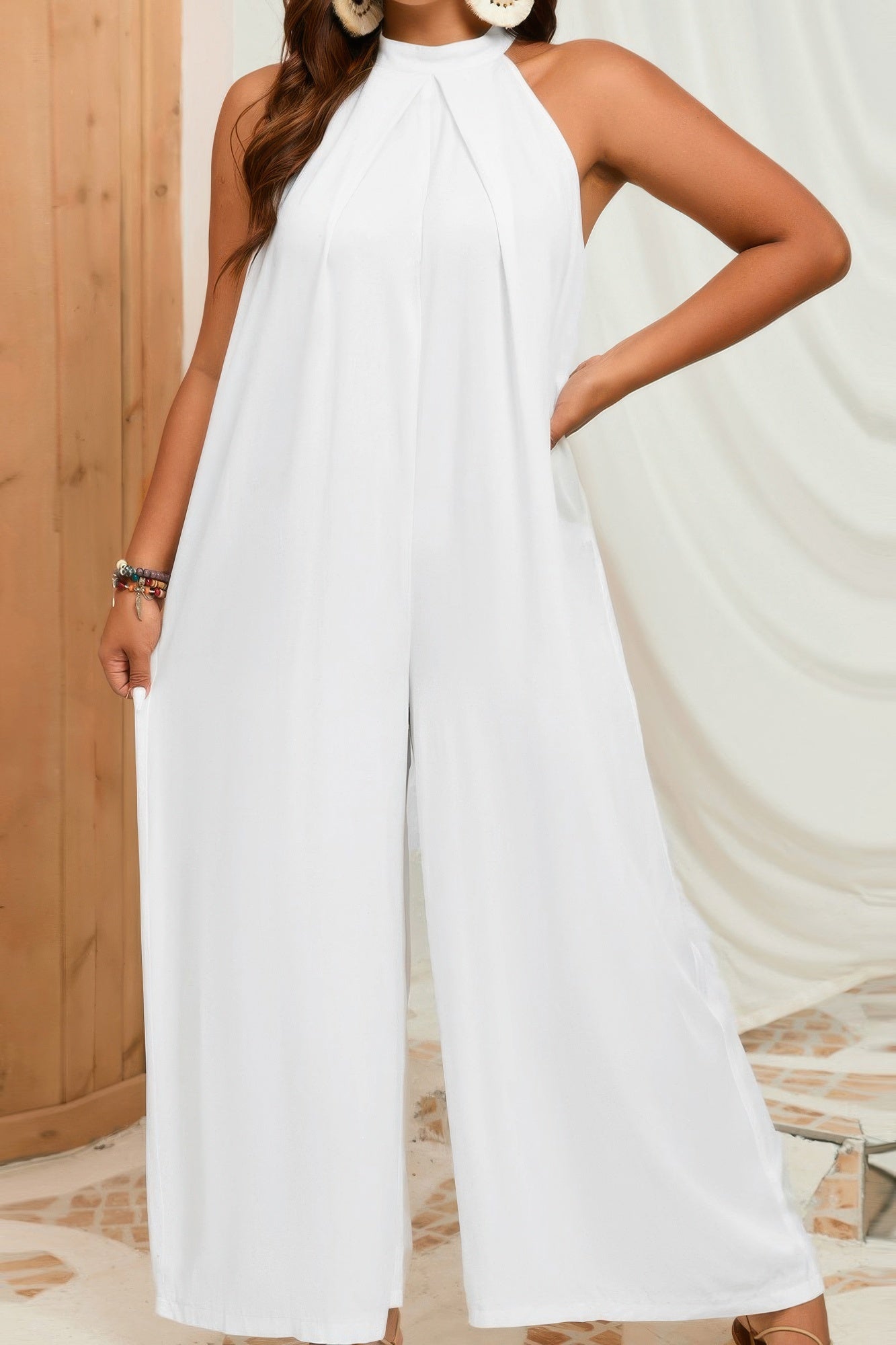 Plus Solid Sleeveless Halter Wide Leg Jumpsuit - AV Fashion’s