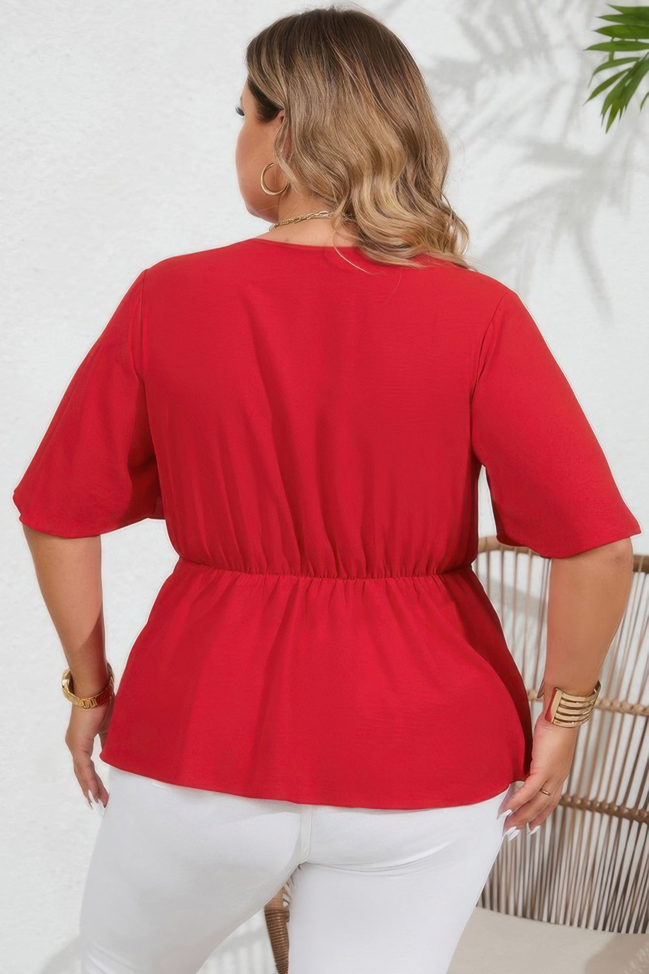 Plus Tie Front Half Button V Neck Solid Blouse - AV Fashion’s