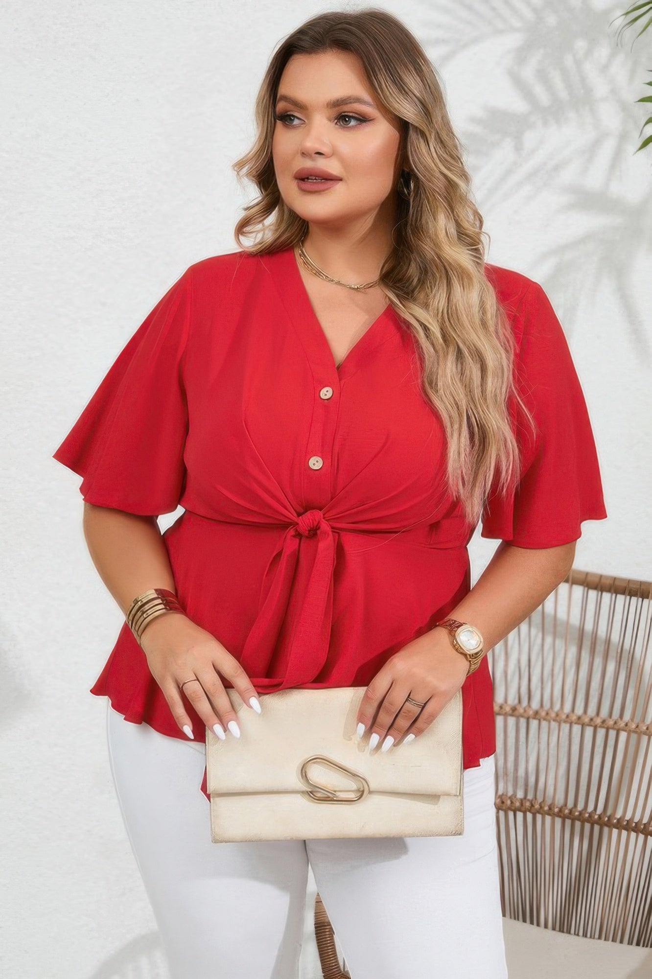 Plus Tie Front Half Button V Neck Solid Blouse - AV Fashion’s