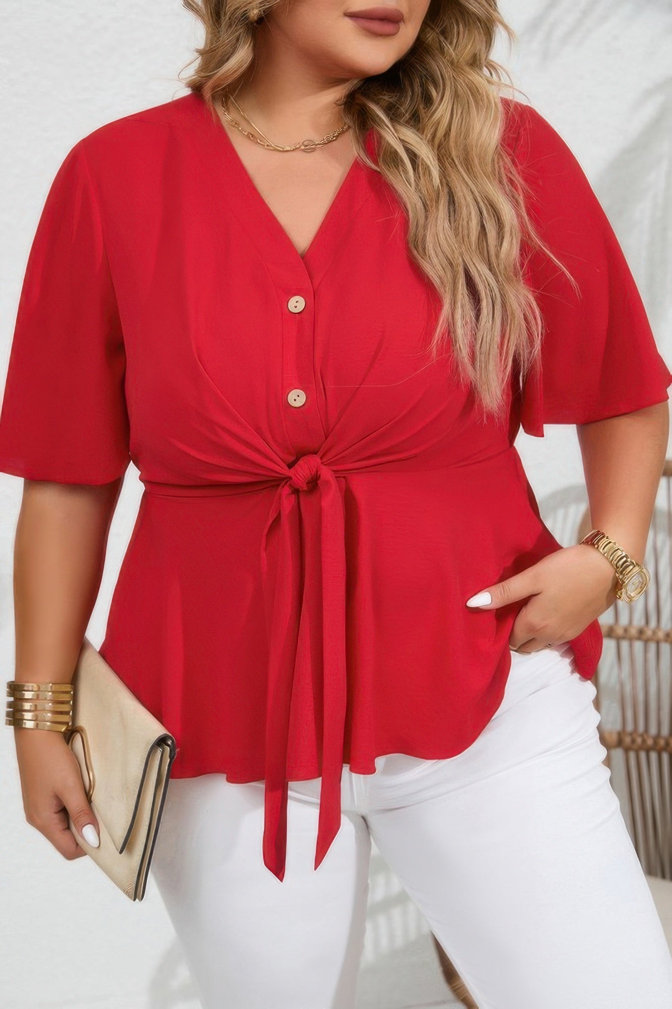 Plus Tie Front Half Button V Neck Solid Blouse - AV Fashion’s