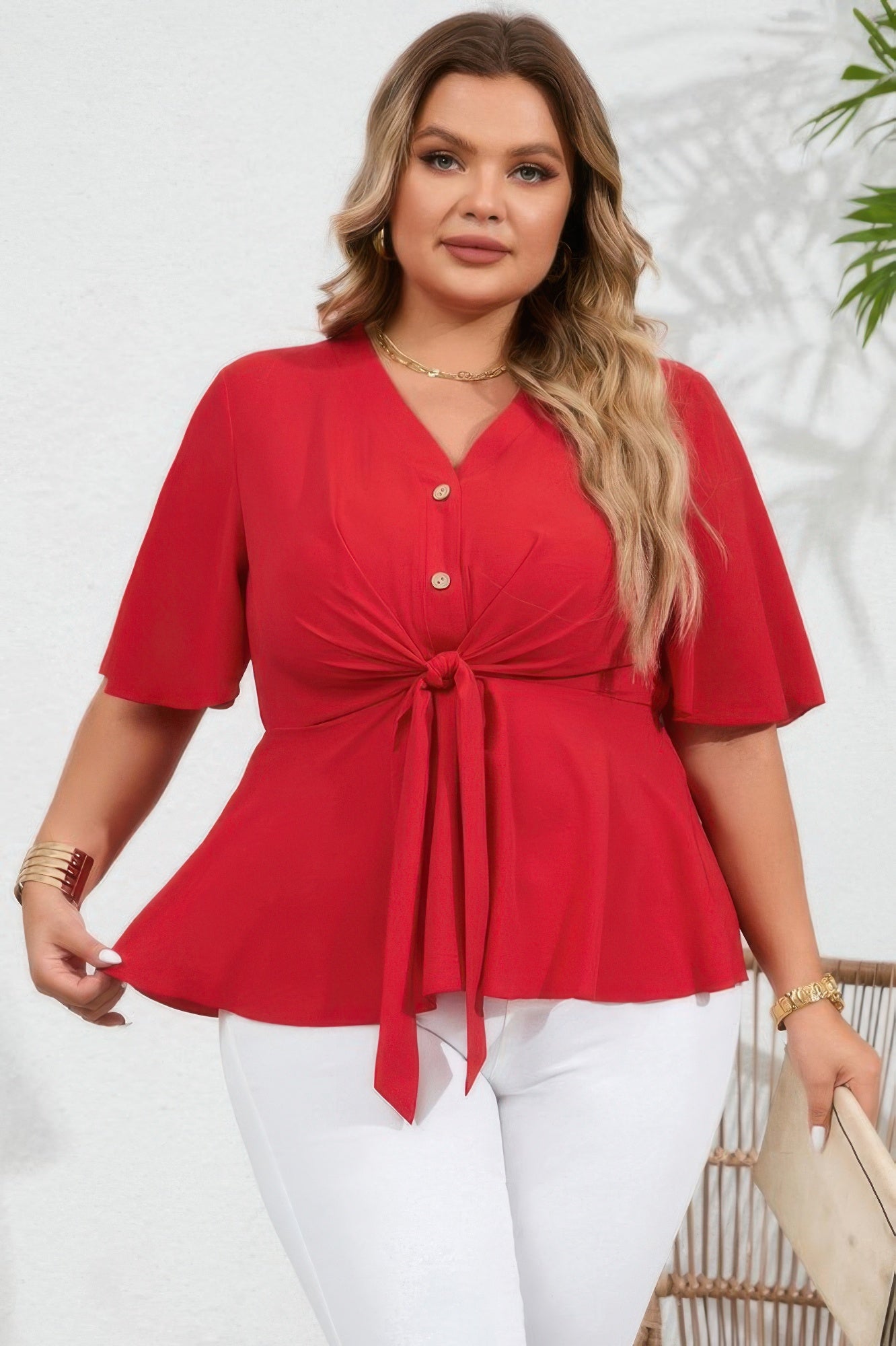 Plus Tie Front Half Button V Neck Solid Blouse - AV Fashion’s