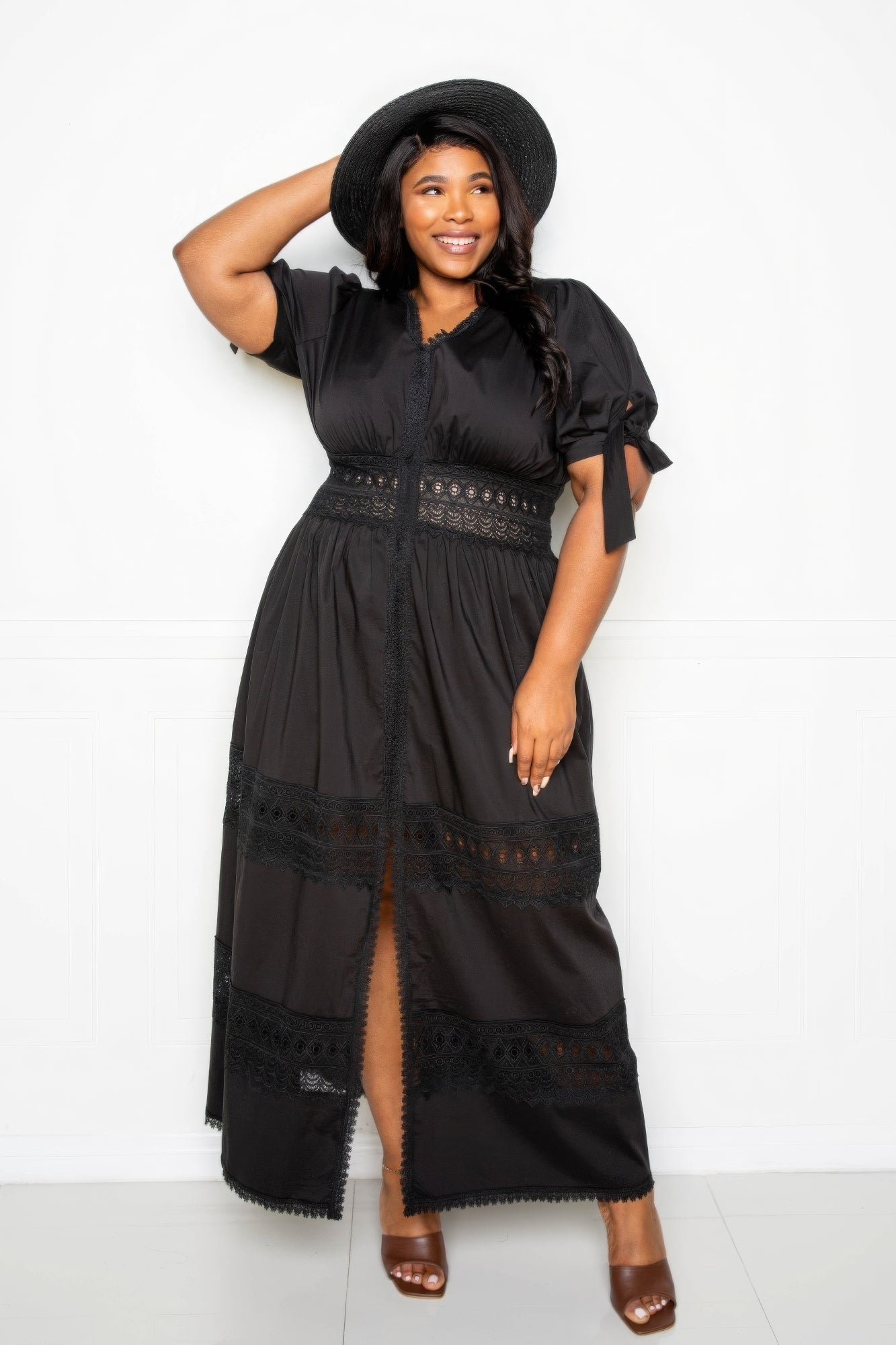 Puff Sleeve Maxi Dress With Lace Insert - AV Fashion’s