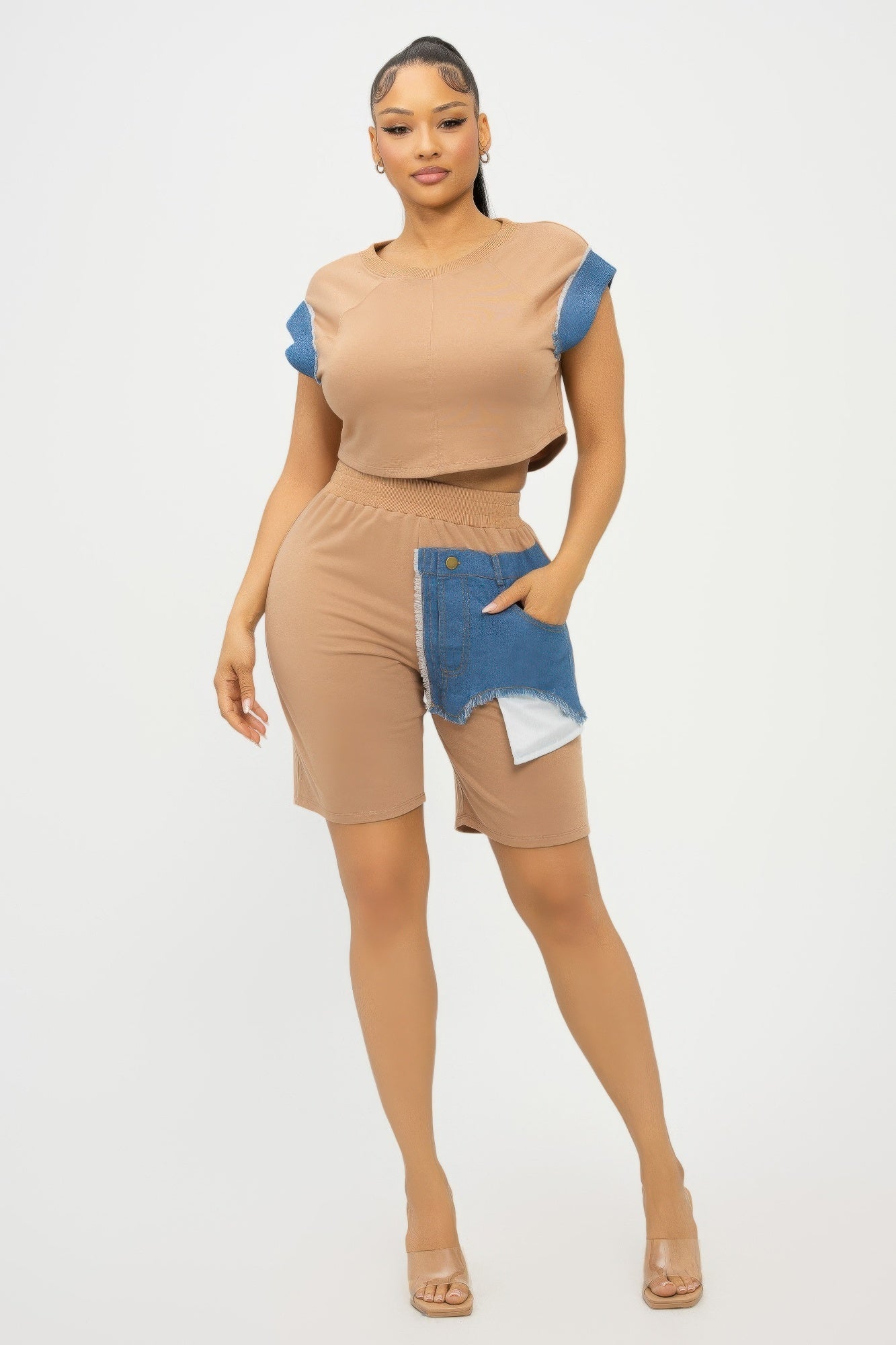 Road block Denim Sleeve Top And Biker Shorts Set - AV Fashion’s