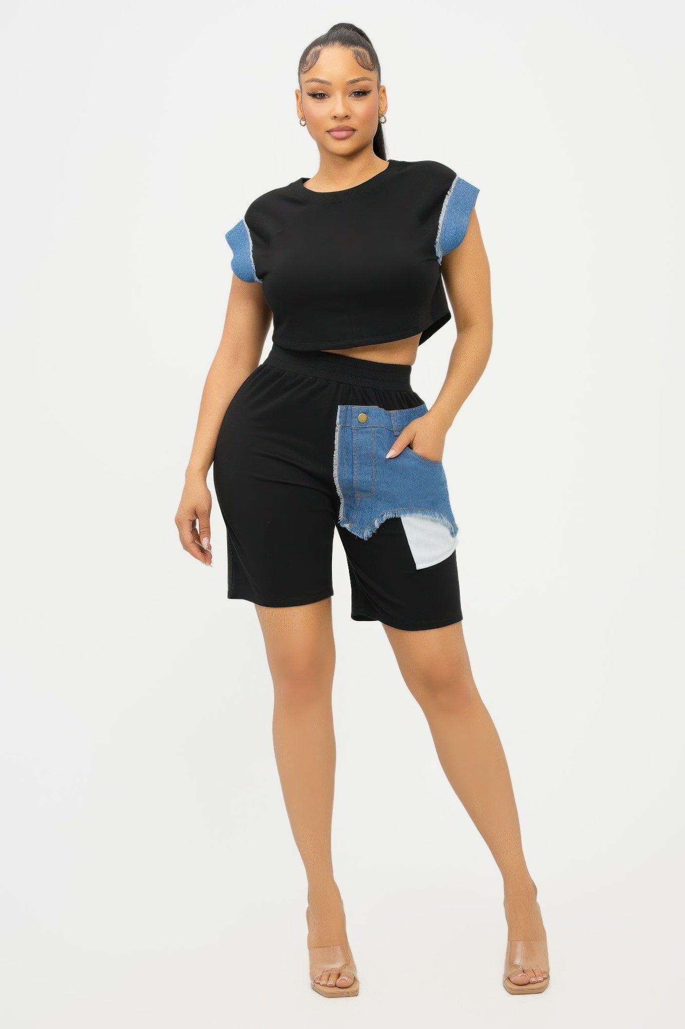 Road block Denim Sleeve Top And Biker Shorts Set - AV Fashion’s